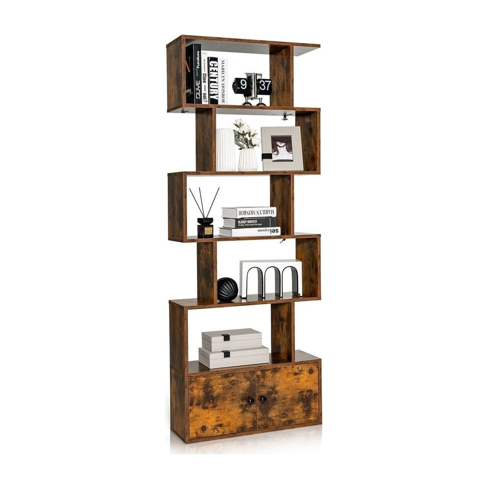 Industrial S-Shaped 5-tier Bookcase with Cabinet in rustic brown, a tall shelving unit with a cabinet at the bottom