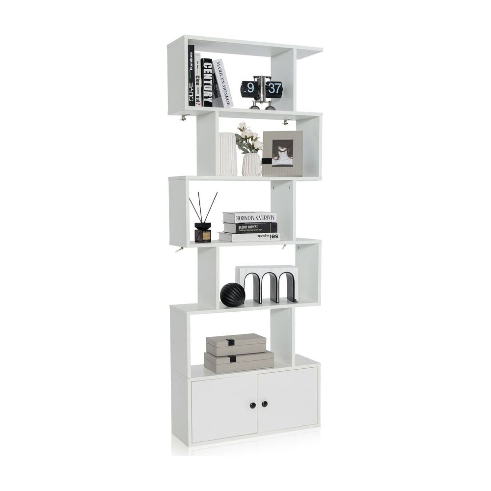 Industrial S-Shaped 5-tier Bookcase with Cabinet-White, a tall white shelving unit with a cabinet at the bottom