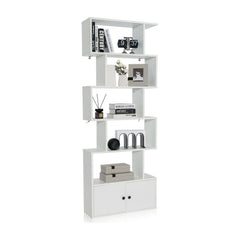 Industrial S-Shaped 5-tier Bookcase with Cabinet-White, a tall white shelving unit with a cabinet at the bottom