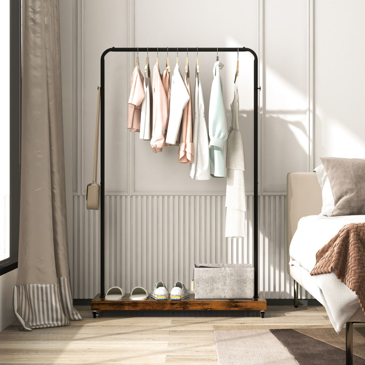 Industrial Clothes Rack Rolling Garment Rack with Bottom Storage Shelf-Rustic Brown