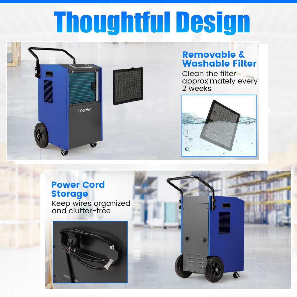 73 L/Day Industrial Dehumidifier with Drain Hose and Timer-Blue