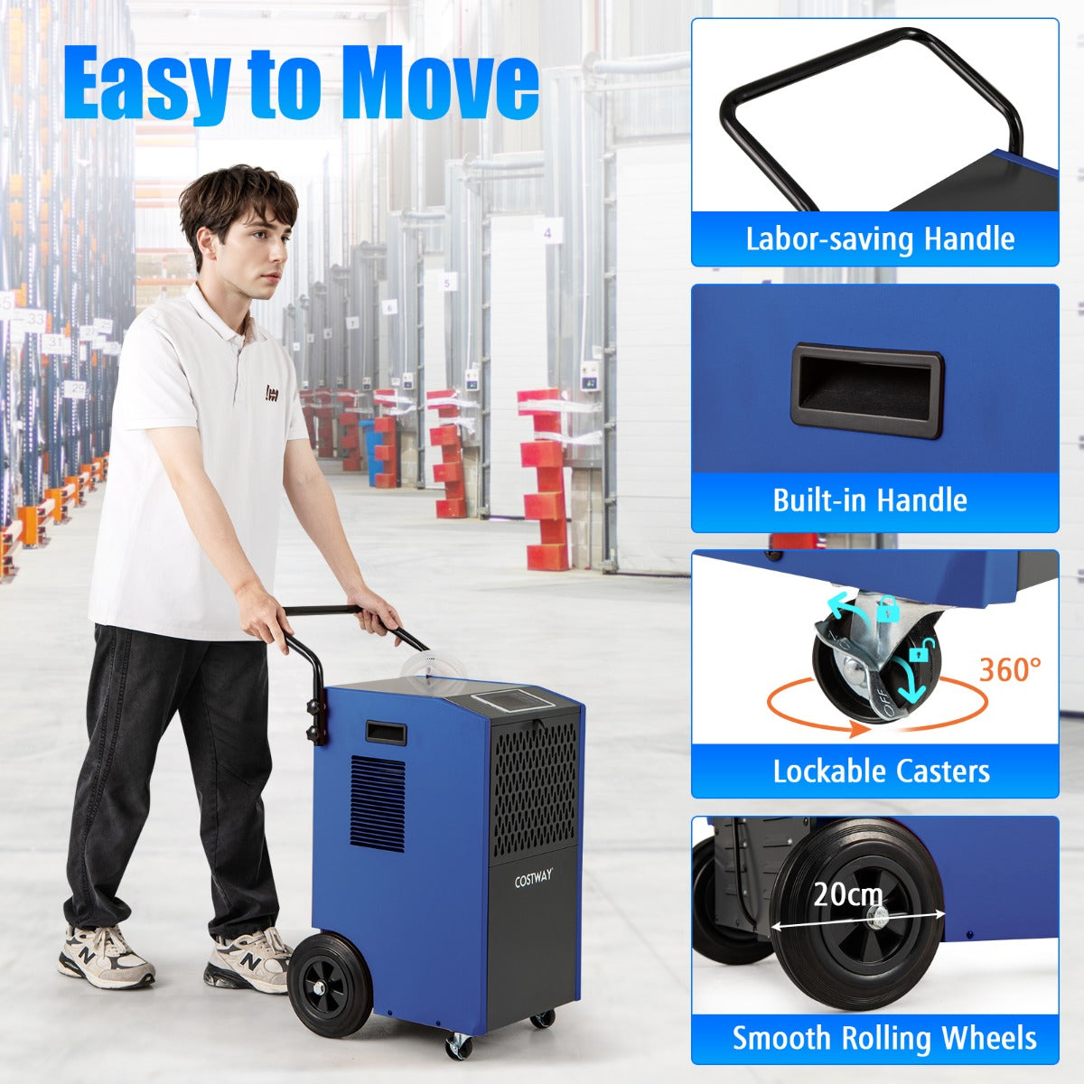 73 L/Day Industrial Dehumidifier with Drain Hose and Timer-Blue