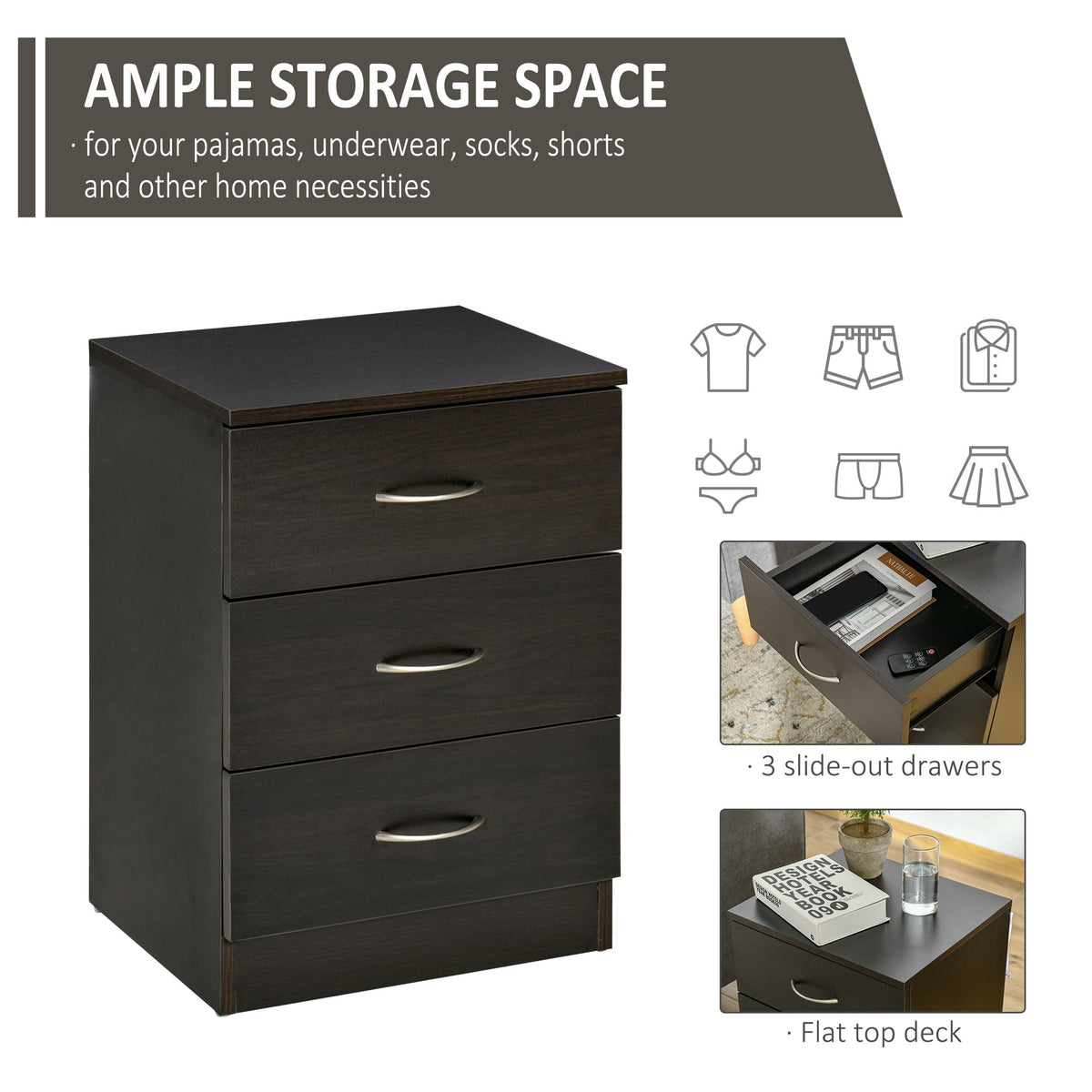 HOMCOM Three-Drawer Simple Bedside Table - Black