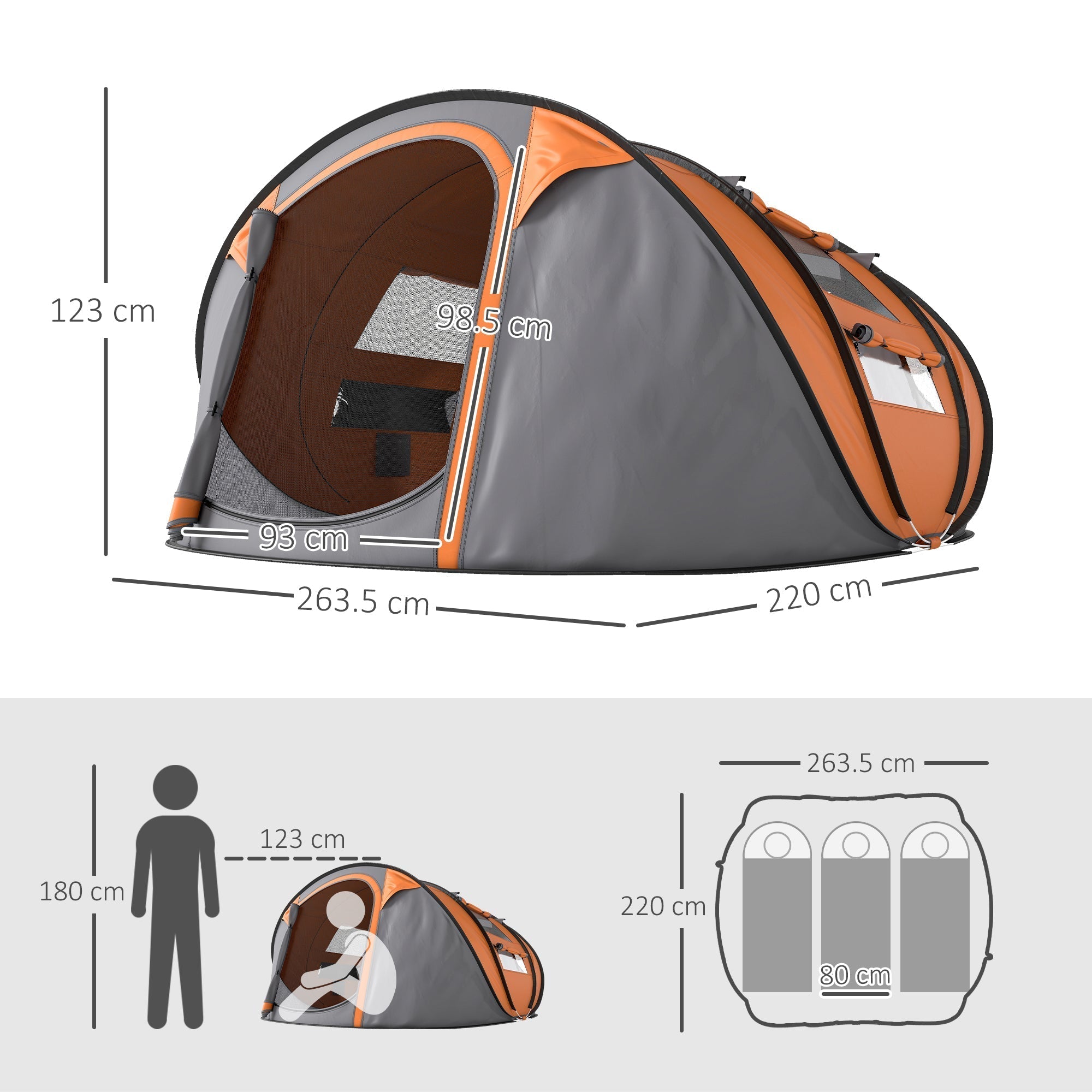 Outsunny 4 Person Pop-up Camping Tent Family Tent with Ground Sheet, 4 Windows and Portable Carry Bag for Beach Outdoor Trip, Orange