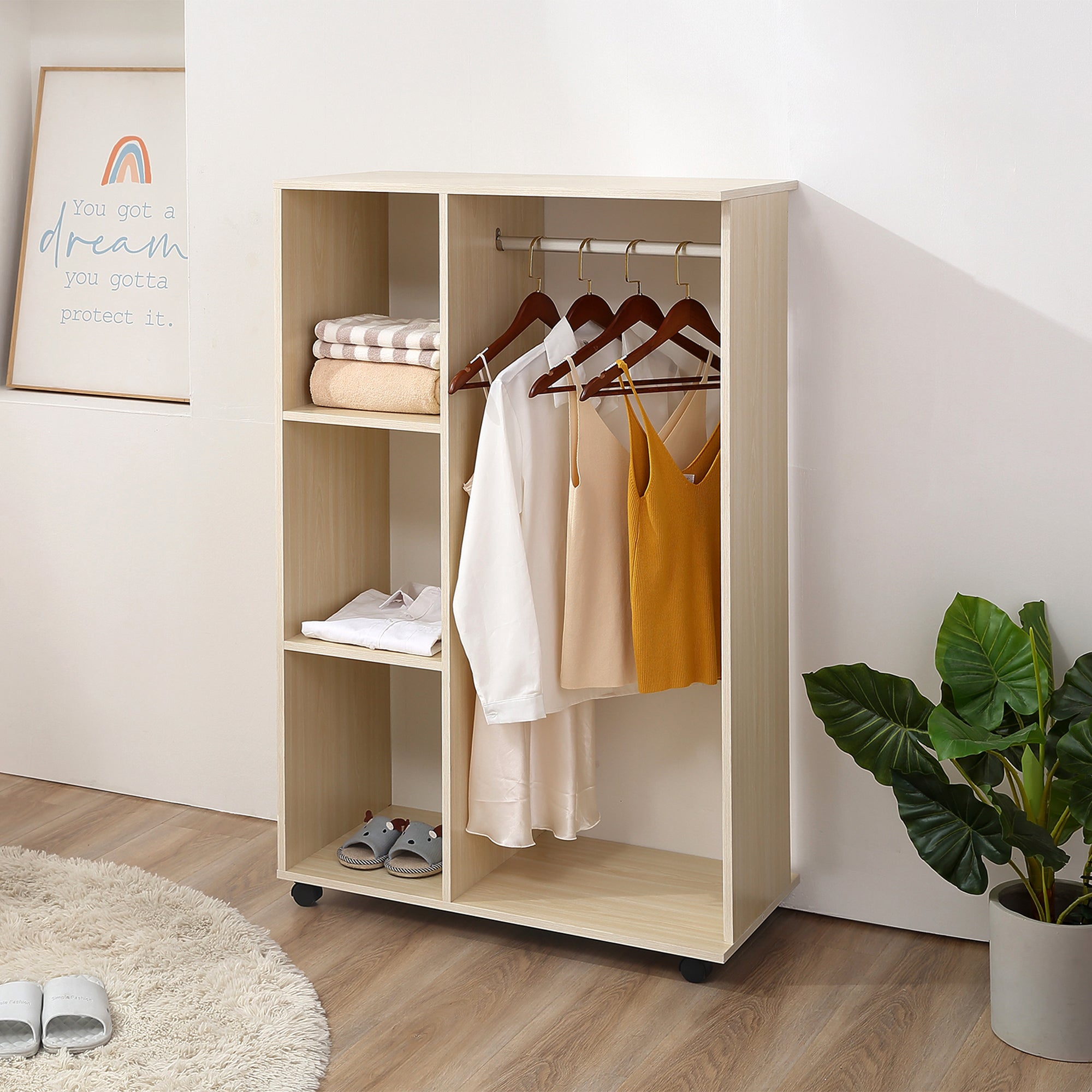 HOMCOM Open Wardrobe on Wheels, Bedroom Wardrobe with Clothes Hanging Rail, 3 Storage Shelves, Mobile Garment Rack for Cloakroom, Hallway, Maple Wood-Effect
