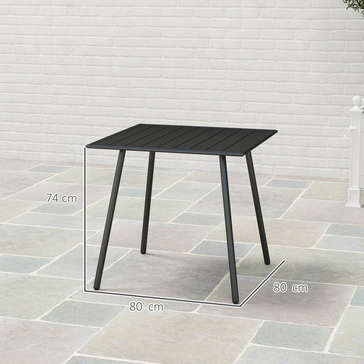 Outsunny Square Garden Table with Slat Top, Steel Frame, Outdoor Table for 4 Person, 80 x 80 x 74 cm, Black