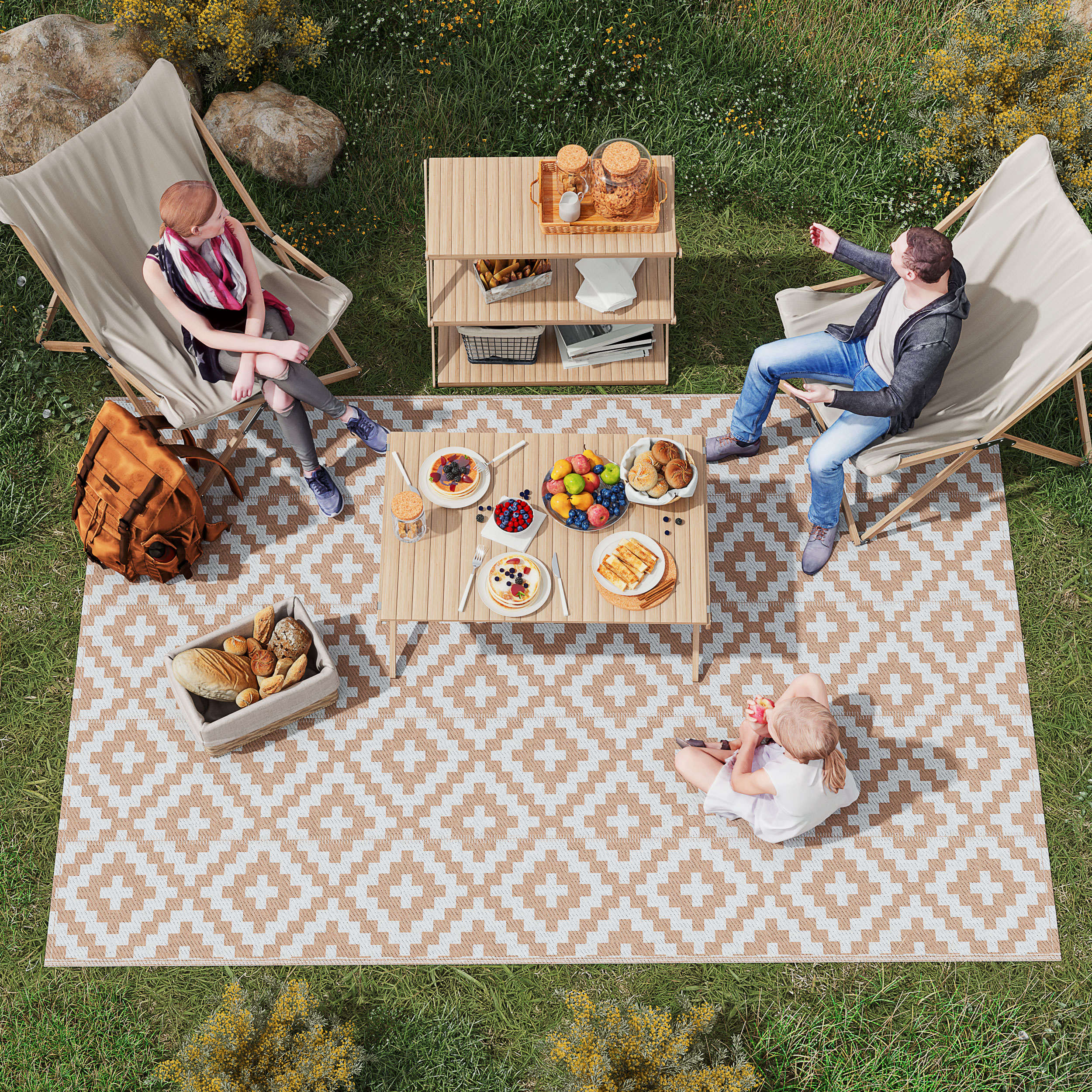 Outsunny Reversible Outdoor RV Rug, Patio Floor Mat, 274 x 182 cm Plastic Straw Rug for Garden, terrace, Beach, Camping, Coffee & White