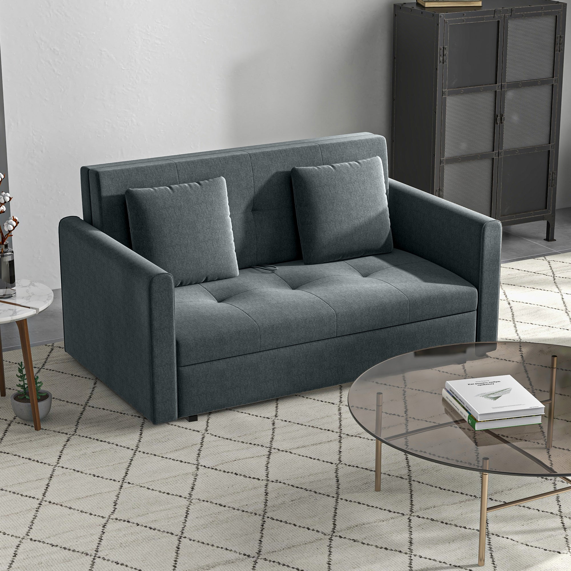 HOMCOM 2 Seater Sofa Bed, Convertible Bed Settee, Modern Velvet Loveseat Sofa Couch with 2 Cushions, Hidden Storage for Living Room, Guest Room, Dark Grey