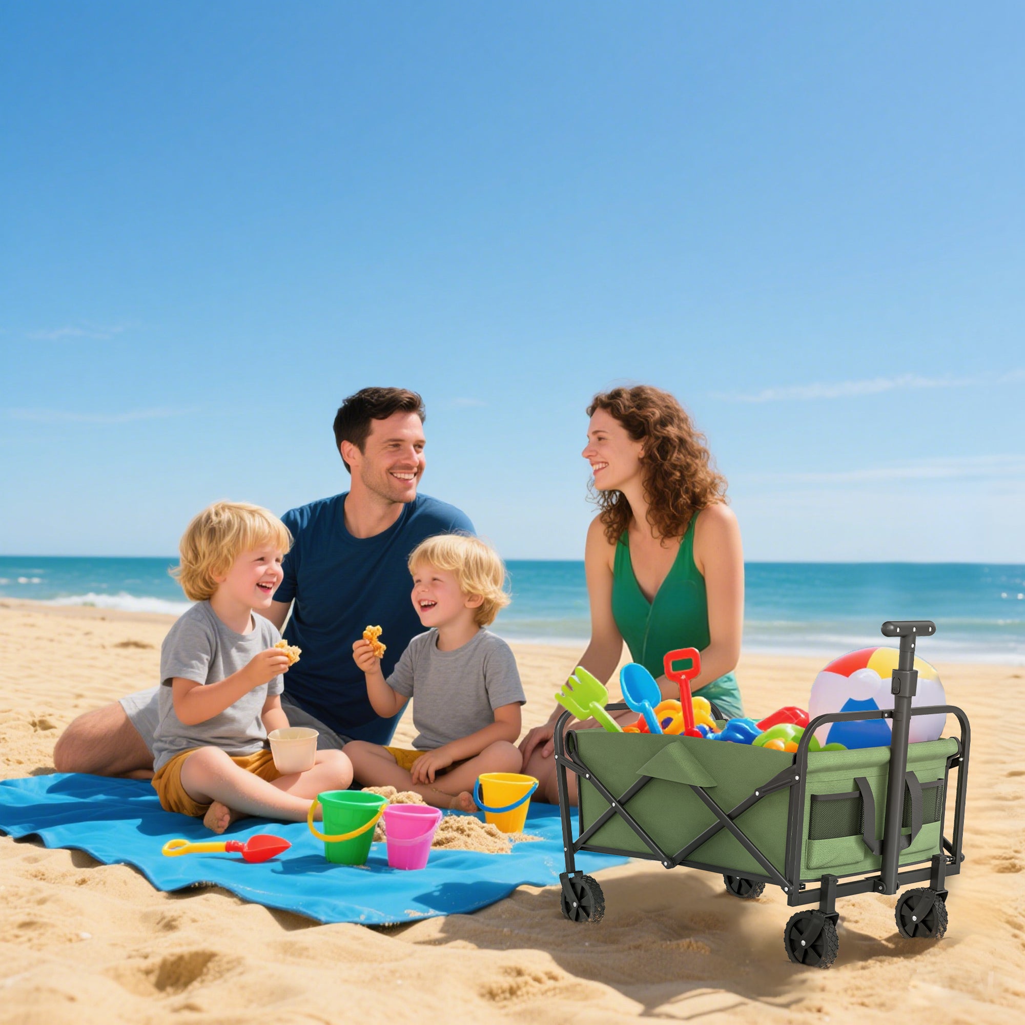 Outsunny 62L Festival Trolley on Wheels, Garden Folding Trolley Cart, 120kg Heavy Duty Collapsible Folding Wagon with Adjustable Handle and Carrying Bag for Beach, Camping, Festival, Green