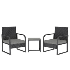 Outsunny Rattan Bistro Set, 3 Piece Garden Furniture Set with Cushions and Glass Top Table, Black
