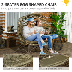 Outsunny 2 Seater Egg Chair Outdoor, Folding Weave Garden Furniture Chair with Cushion, Cup Pockets - Khaki