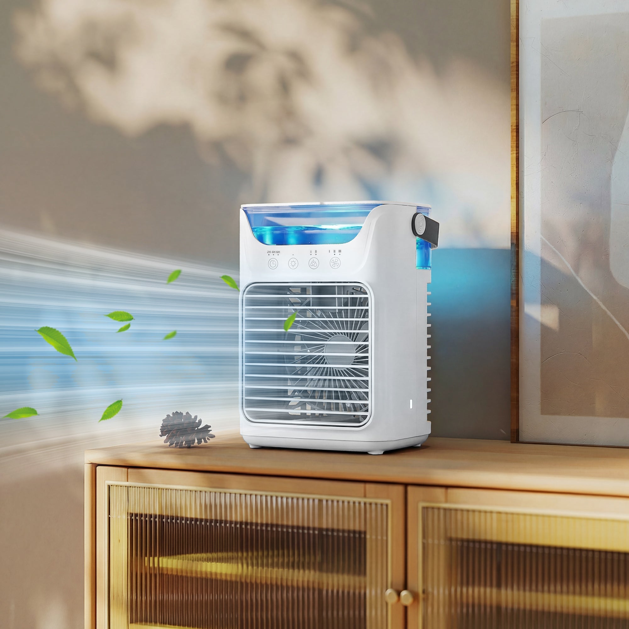 HOMCOM Air Cooler with Adjustable Head, Portable Air Conditioner with 3 Wind Speed, 2 Cool Mist, RGB Light, White