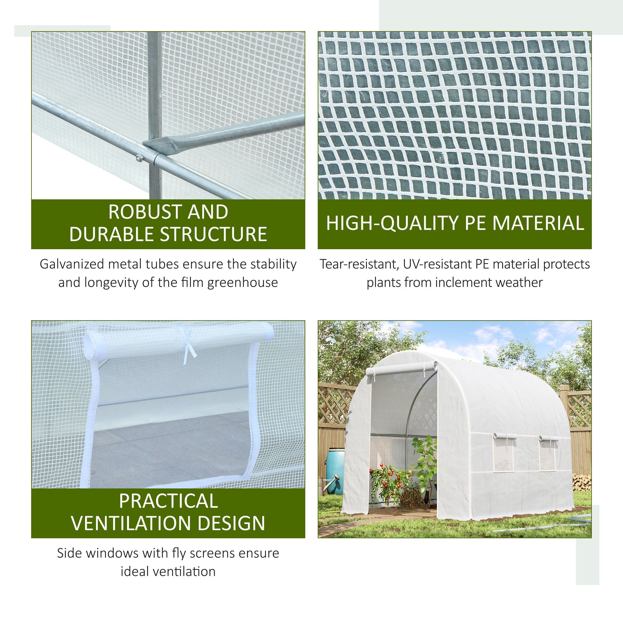Outsunny 2.5 x 2 x 2 m Polytunnel Greenhouse, Walk-in Green House for Garden with Mesh Windows, Galvanised Steel Frame, White