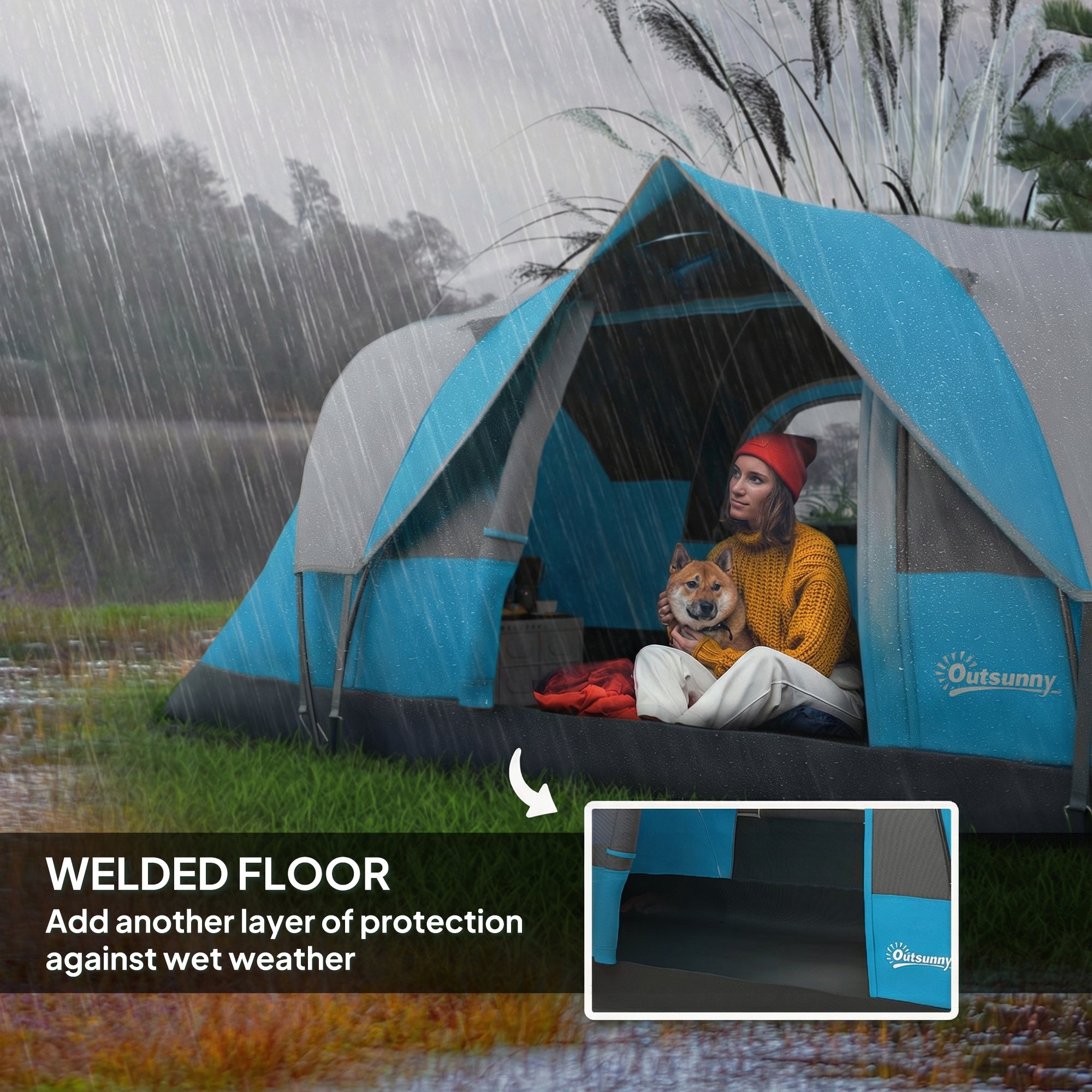 Outsunny 5-6 Man Camping Tent, Tunnel Tent, Water Resistant Hiking Shelter with Groundsheet and Carry Bag, Light Blue