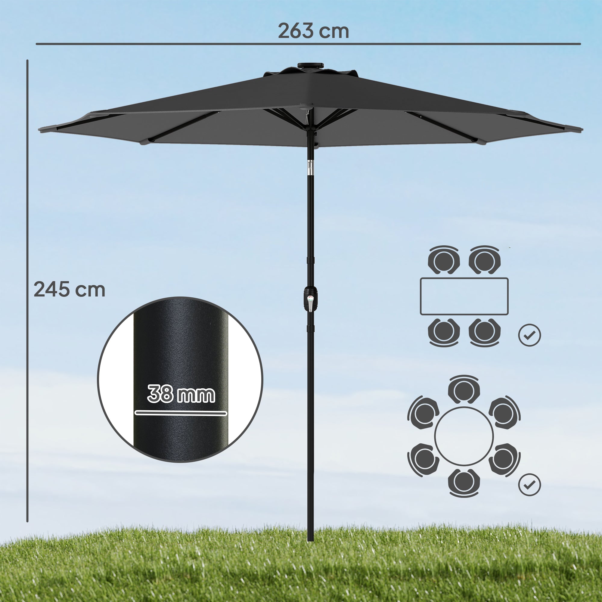 Outsunny 2.6 m Garden Parasol Umbrella with LED Solar Light, Parasol Cover, Outdoor Market Patio Umbrella, Black