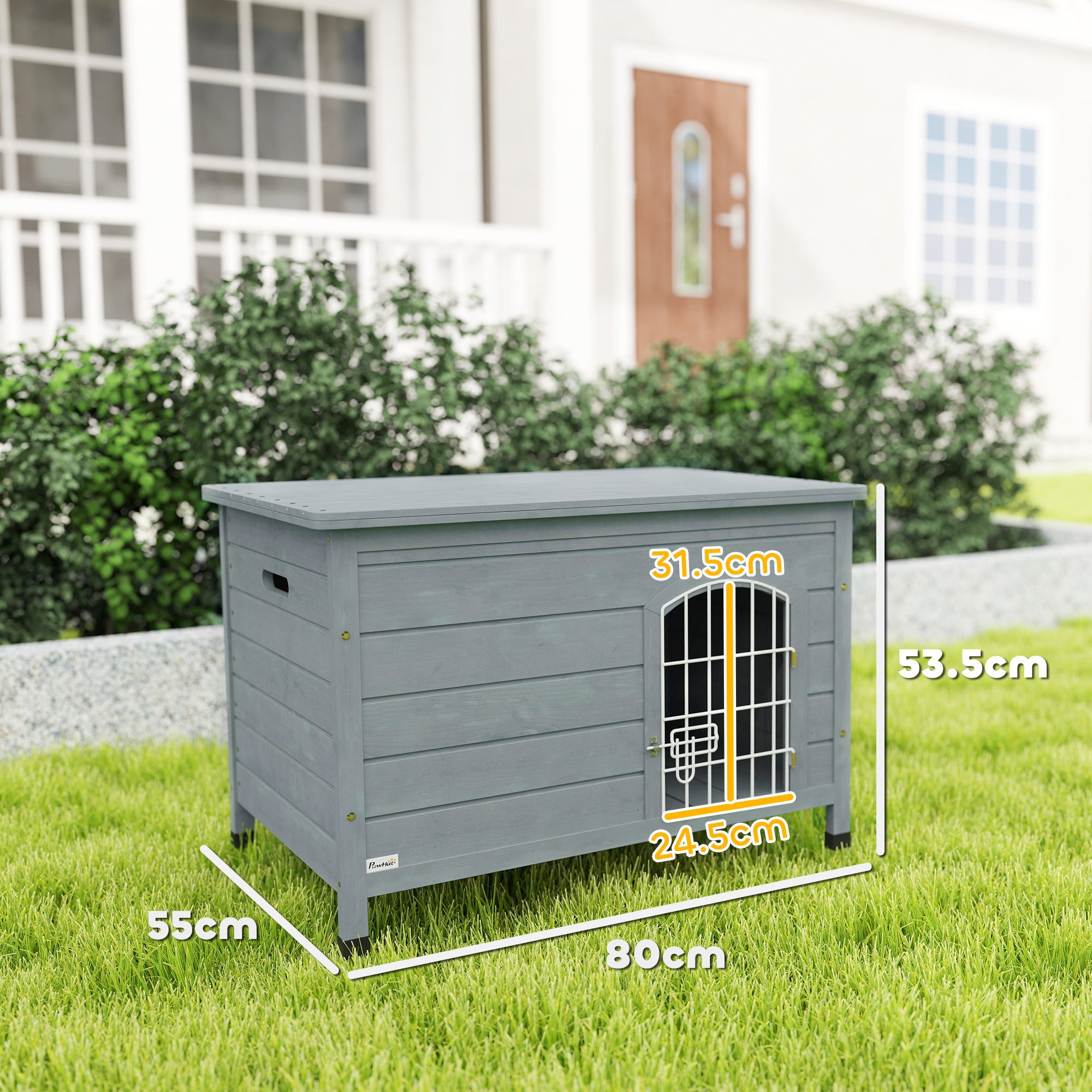 PawHut Wooden Dog House with Removable Bottom, Wire Door, Openable Top, Pet Shelter for Small Dog, 80 x 55 x 53.5cm, Dark Grey