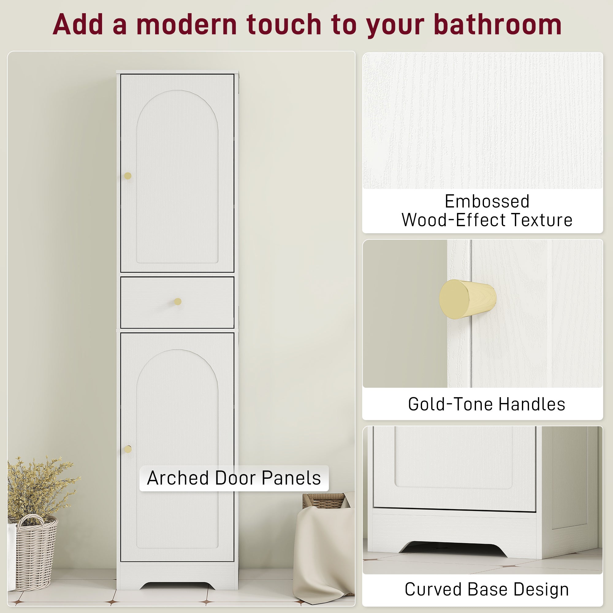 HOMCOM Tall Bathroom Cabinet with Arched Doors - White