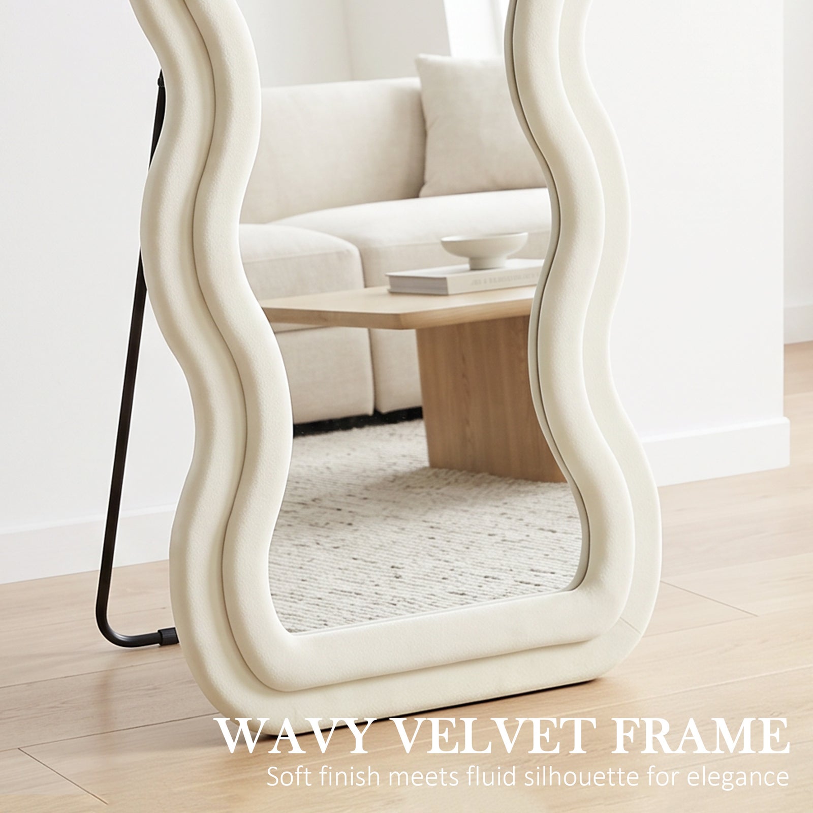 HOMCOM Full Length Mirror, 160 x 60 cm Wavy Full Body Wall Standing Mirror with Velvet Frame and Tempered Glass, Cream White