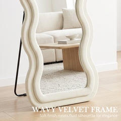 HOMCOM Full Length Mirror, 160 x 60 cm Wavy Full Body Wall Standing Mirror with Velvet Frame and Tempered Glass, Cream White