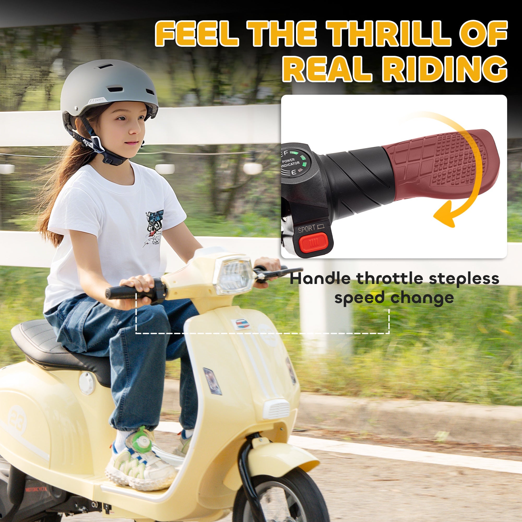 AIYAPLAY 24V Kids Electric Motorbike, Ride on Motorcycle with Manual Throttle, Brakes and LED Lights for Ages 8-12 Years, Beige