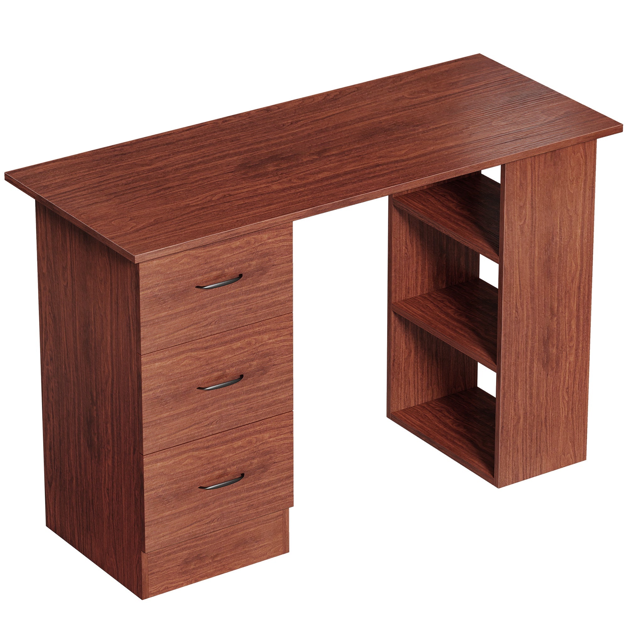 HOMCOM Computer Desk, Writing Table, PC Workstation with 3 Storage Shelves and Drawers, Handle, for Home Office, Walnut Brown