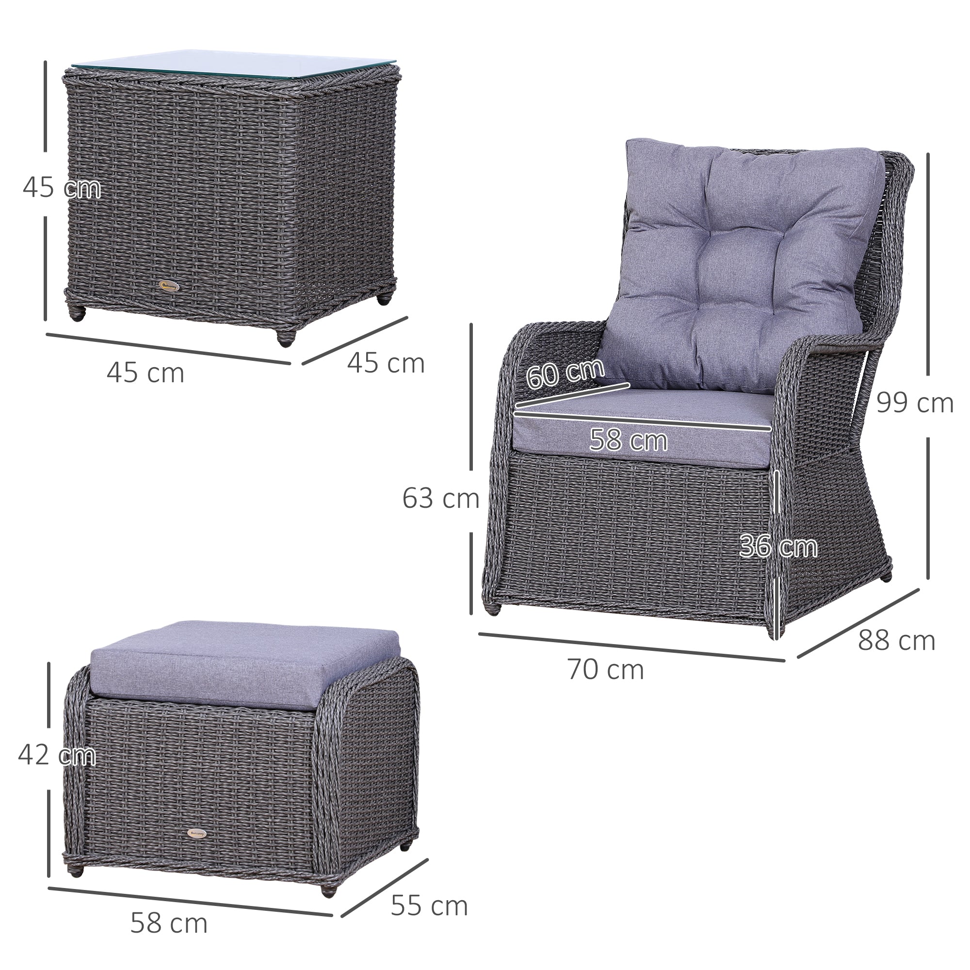 Outsunny 5PCS Deluxe Garden Rattan Furniture Sofa Chair & Stool Table Set Patio Wicker Weave Furniture Set Aluminium Frame Fully-assembly - Grey