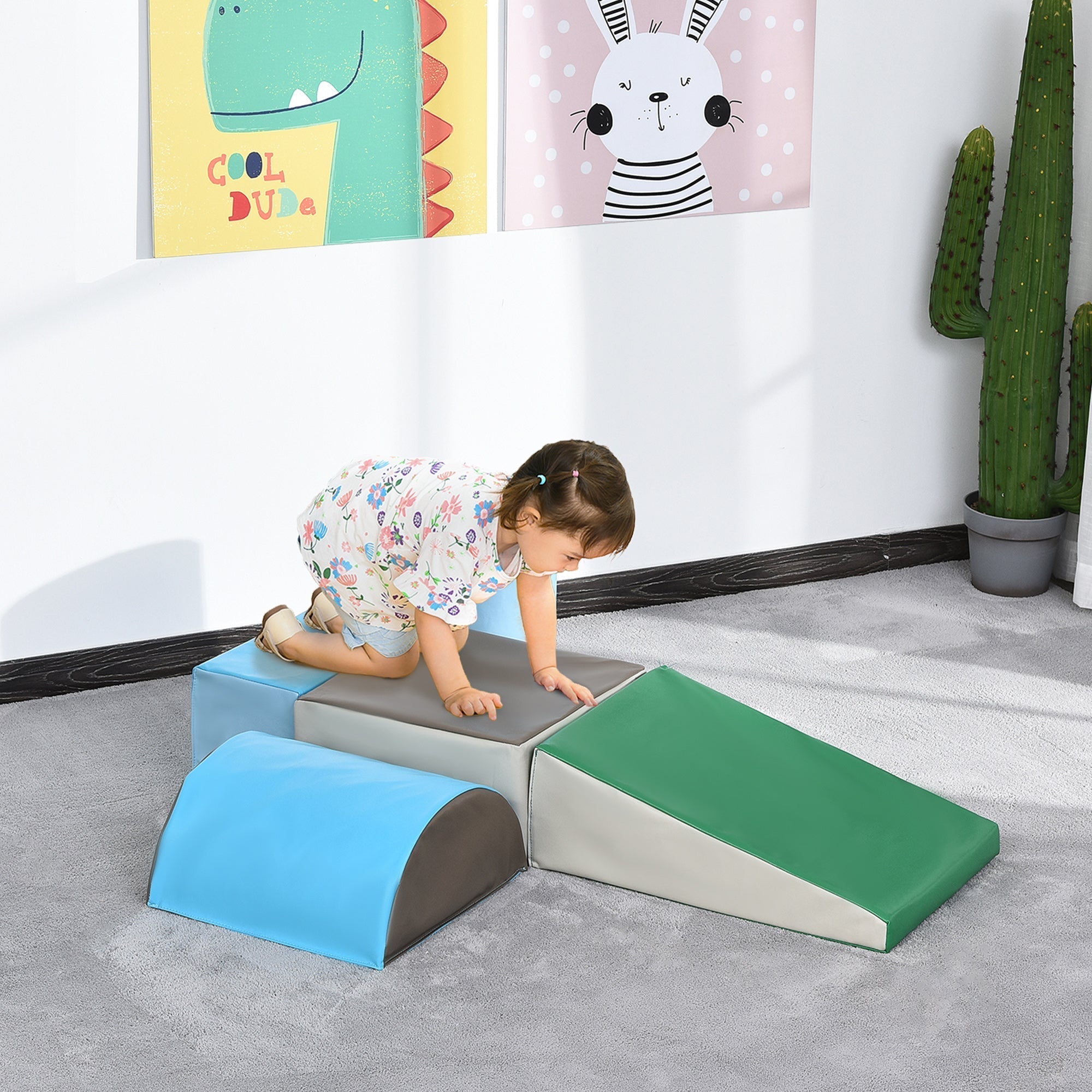 HOMCOM 5 Piece Kids Soft Play Set, Climb and Crawl Activity Toys Set for Baby Toddler, Soft Foam Blocks Indoor Play Equipment Learning Toys Blue