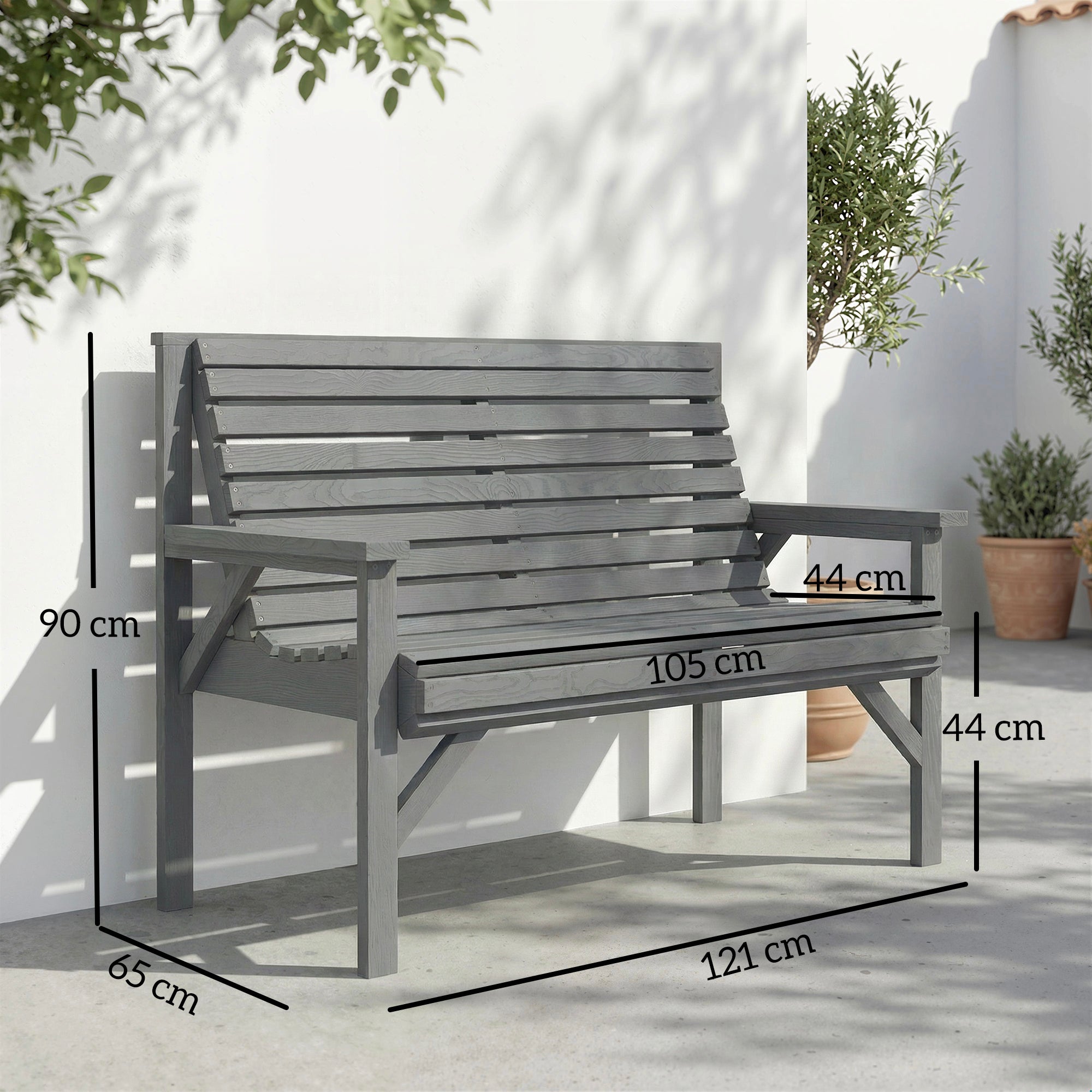 Outsunny 2 Seater Wooden Garden Bench, Slatted Patio Bench with Armrest and Backrest, Outdoor Furniture for Indoor, Balcony