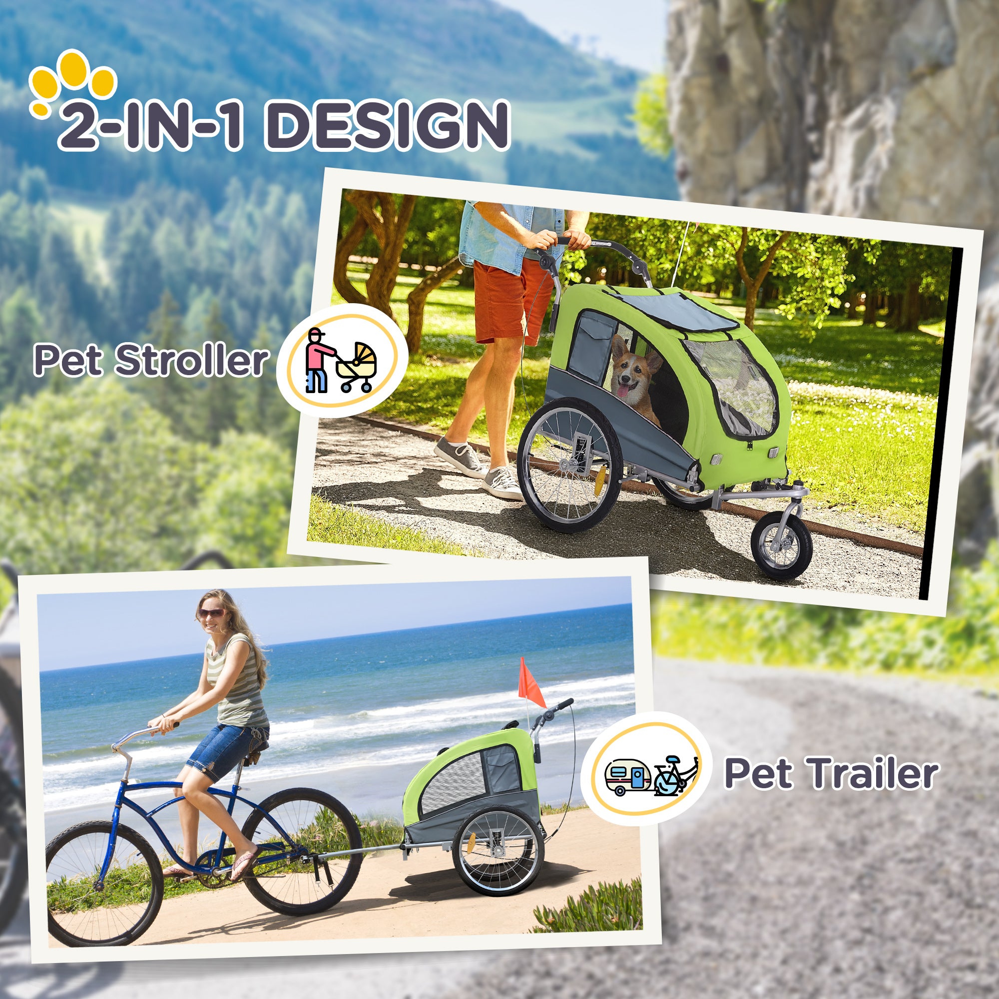 PawHut Dog Bike Trailer Pet Stroller Cart Carrier for Bicycle 360√Ç¬∞ Rotatable with Reflectors 3 Wheels Hitch Coupler Push/ Pull/ Brake Water Resistant Green