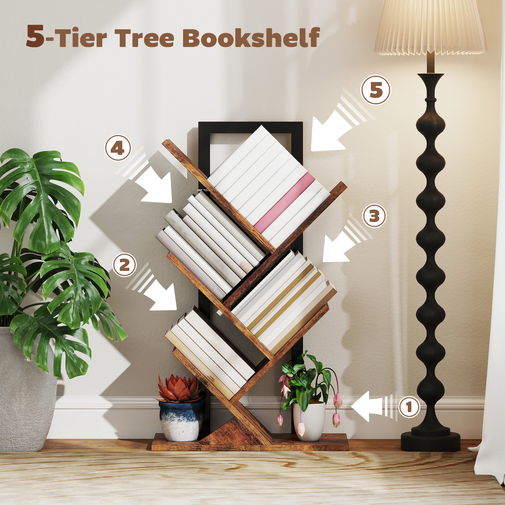 HOMCOM Four-Section Tree Bookcase - Wood-Effect