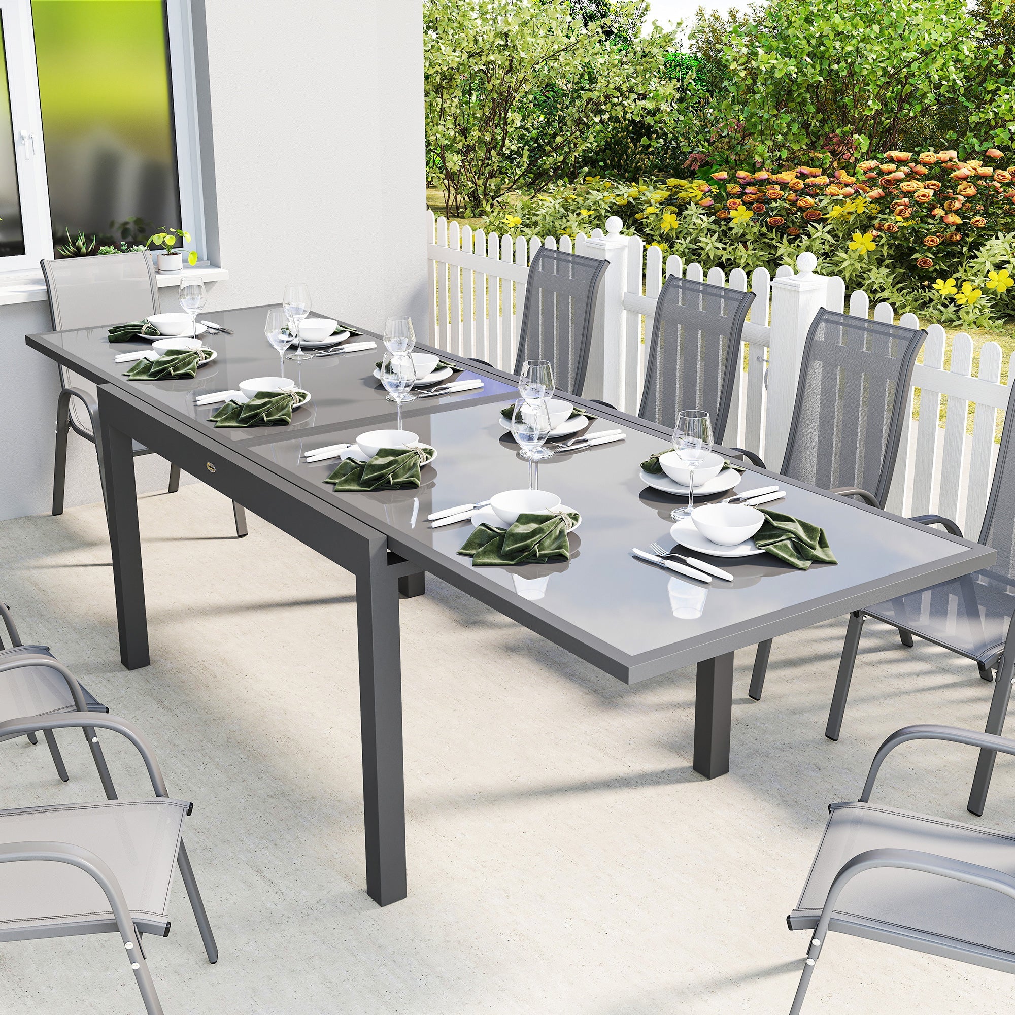 Outsunny Extending Garden Table for 6-10, Aluminium Outdoor Dining Table with Tempered Glass Top, Grey