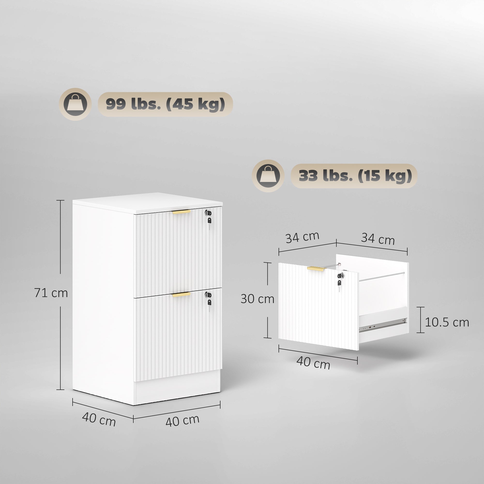 HOMCOM Filing Cabinet, Fluted Vertical File Cabinet with 2 Lockable Drawers and Hanging Rails, White