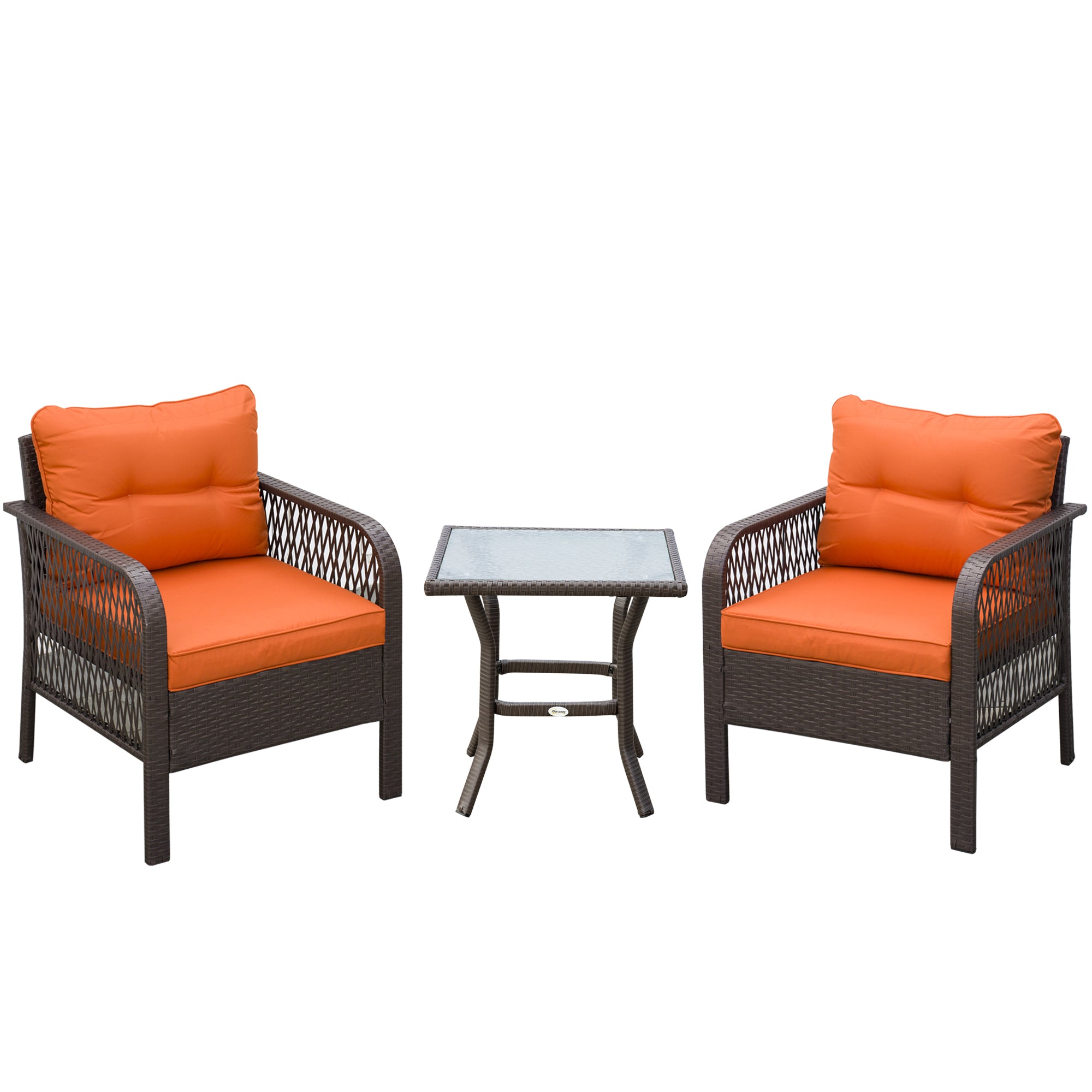 Outsunny 3 Pieces Rattan Bistro Set with Glass Top Coffee Table, Chairs and Cushions for Outdoor, Patio, Balcony, Orange