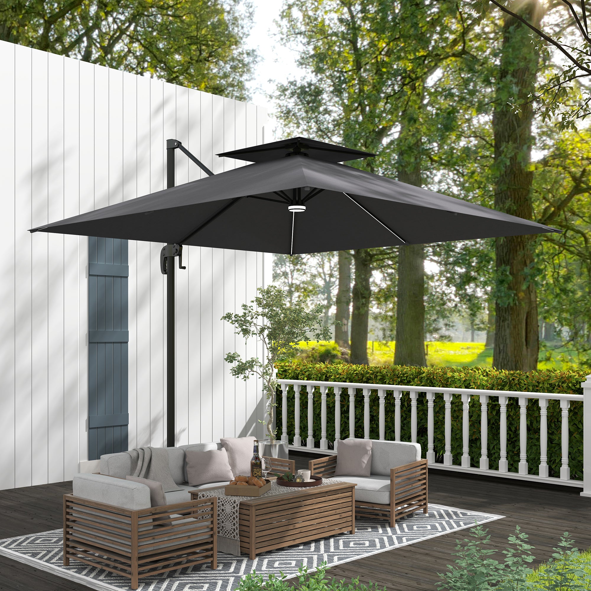 Outsunny 2.5m Cantilever Parasol with Solar Powered LED Lights, 360√Ç¬∞ Rotation, Tilt Adjustment, Crank Handle, Dark Grey