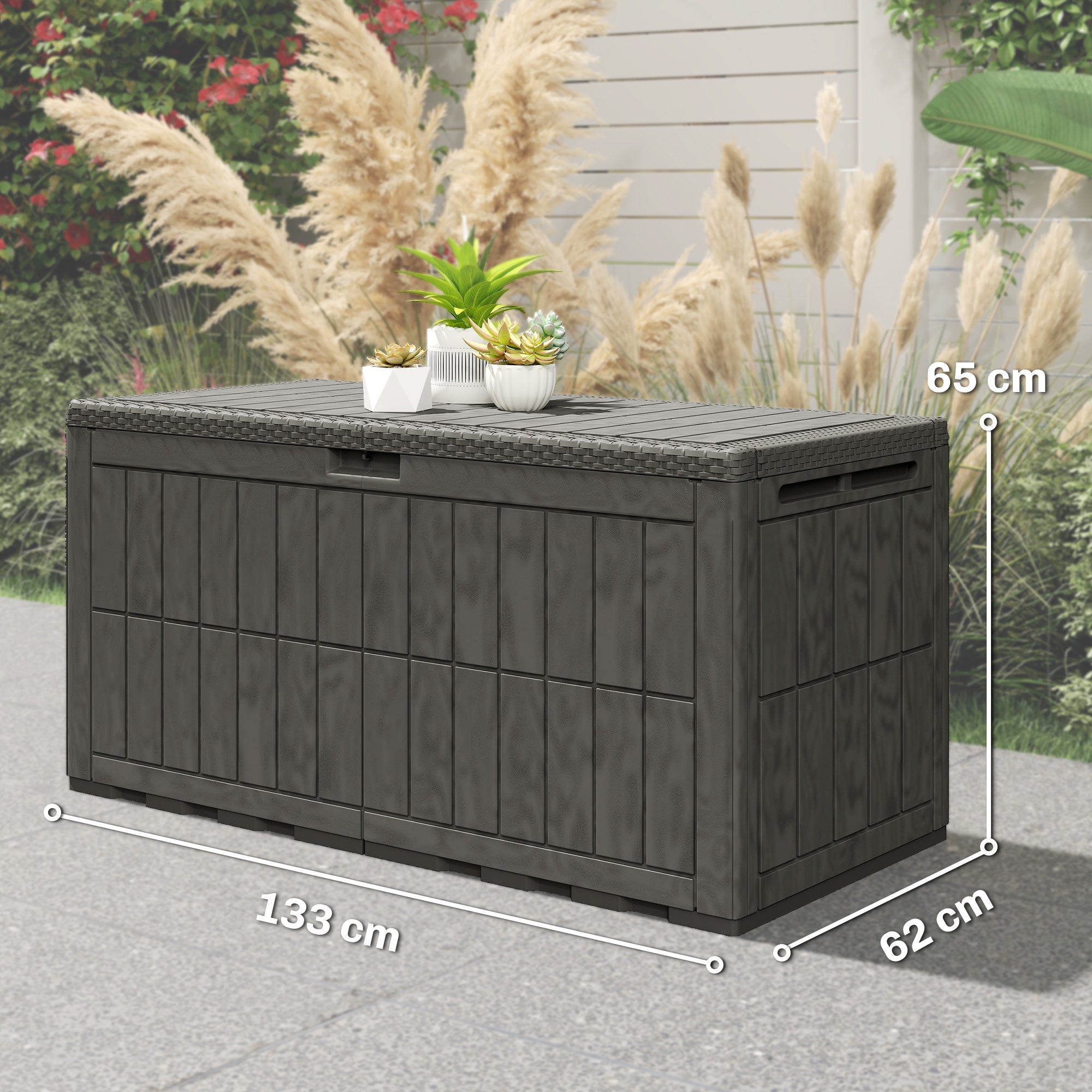 Outsunny 440L Garden Storage Box, Waterproof & UV Resistant Resin Deck Box with Lockable Lid, Pneumatic Gas Rods, Side Handles