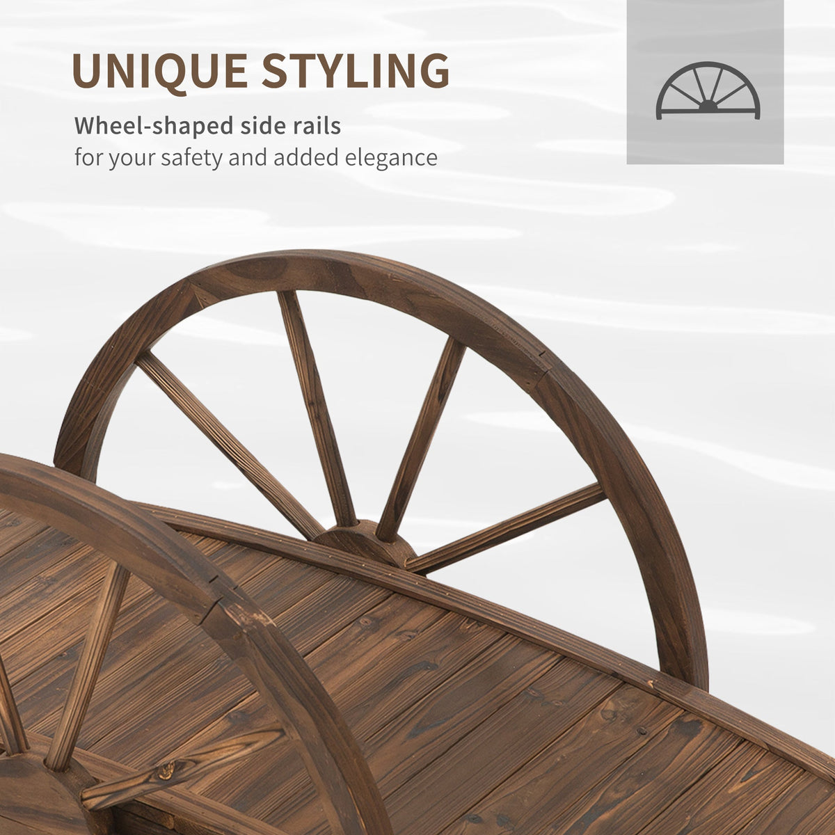 Outsunny Wooden Garden Bridge Lawn Decor Stained Finish Arc Outdoor Pond Walkway Yard Decoration Half Wheeled Railings 100L x 50W x 37Hcm