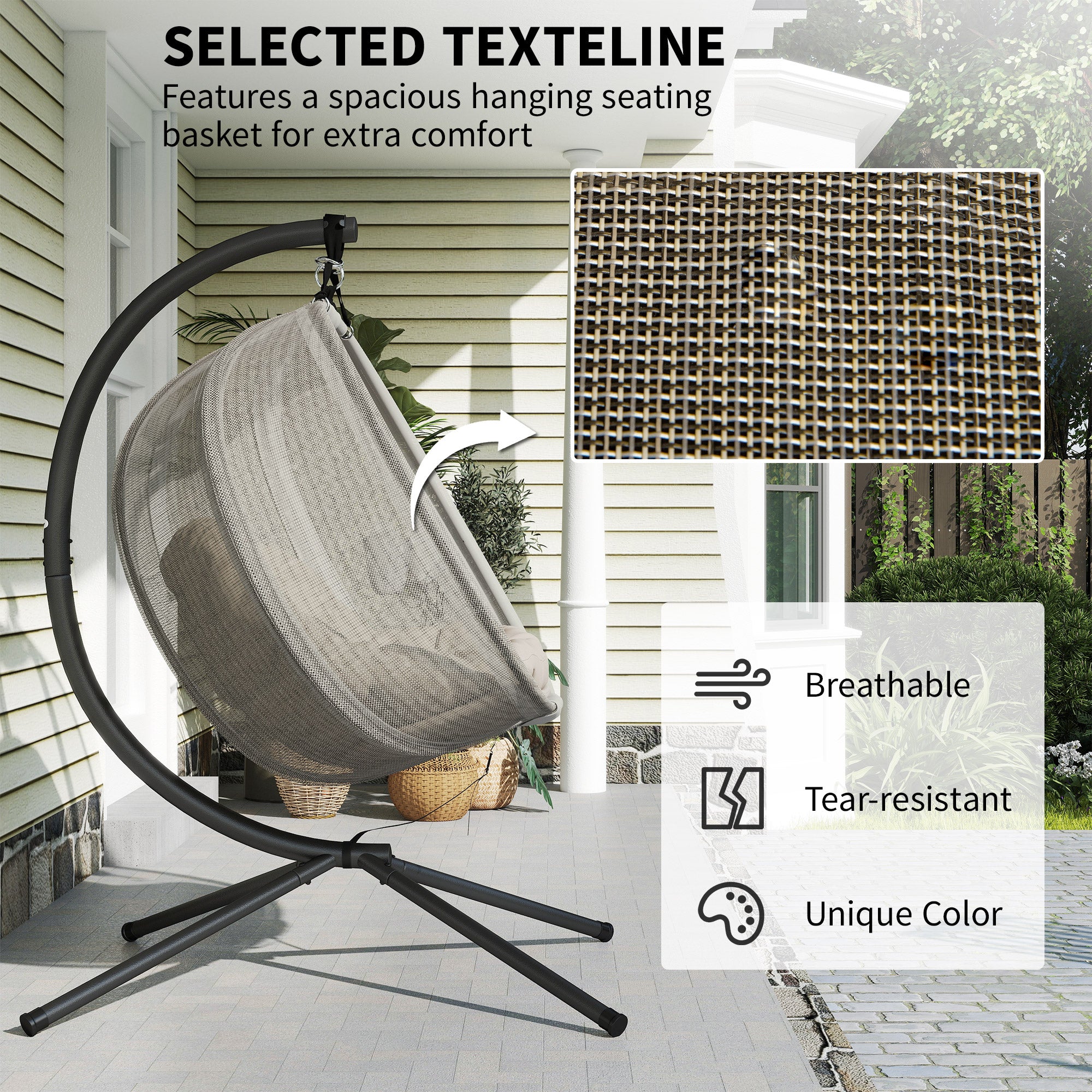 Outsunny Double Hanging Egg Chair 2 Seaters Texteline Swing Hammock Chair with Stand, Cushion and Folding Design, for Indoor and Outdoor, Brown