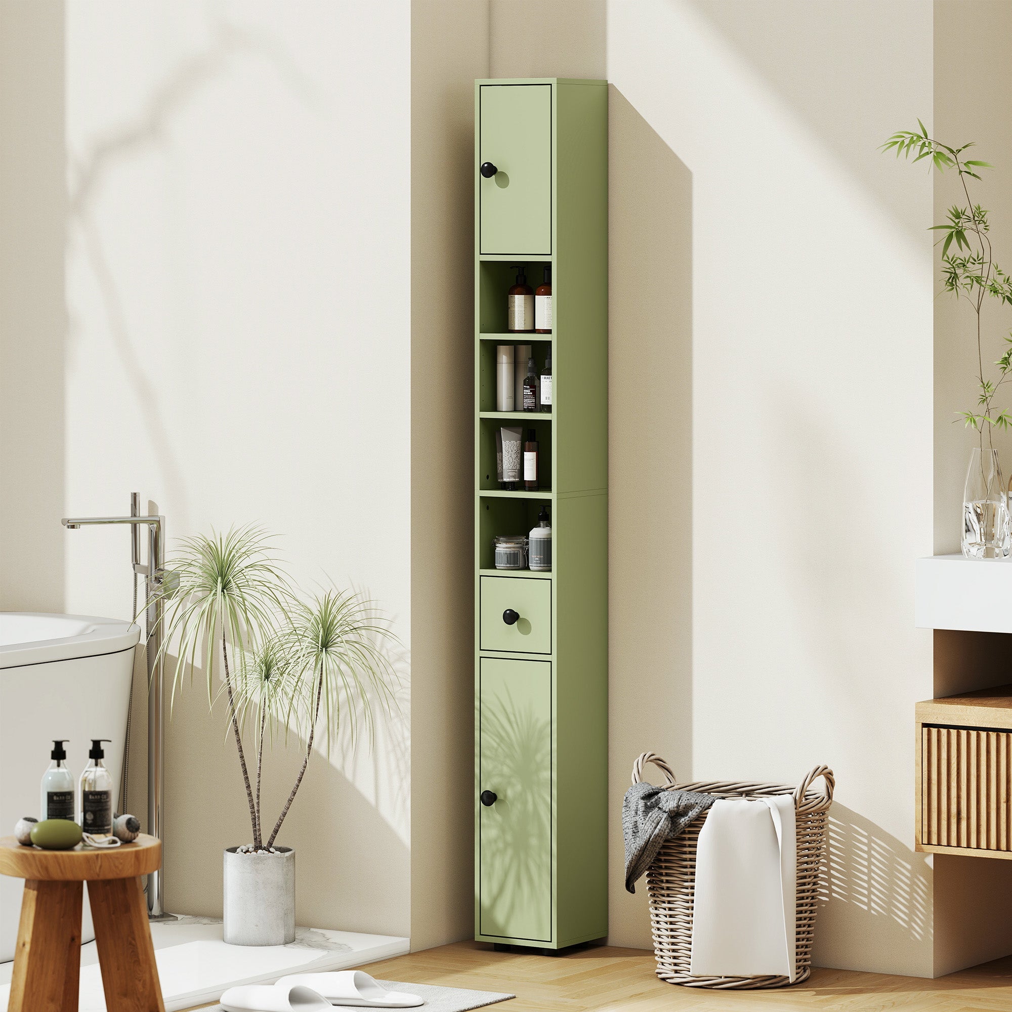 kleankin 180cm Slim Bathroom Cabinet, with Drawer, Shelves and Cupboards - Green