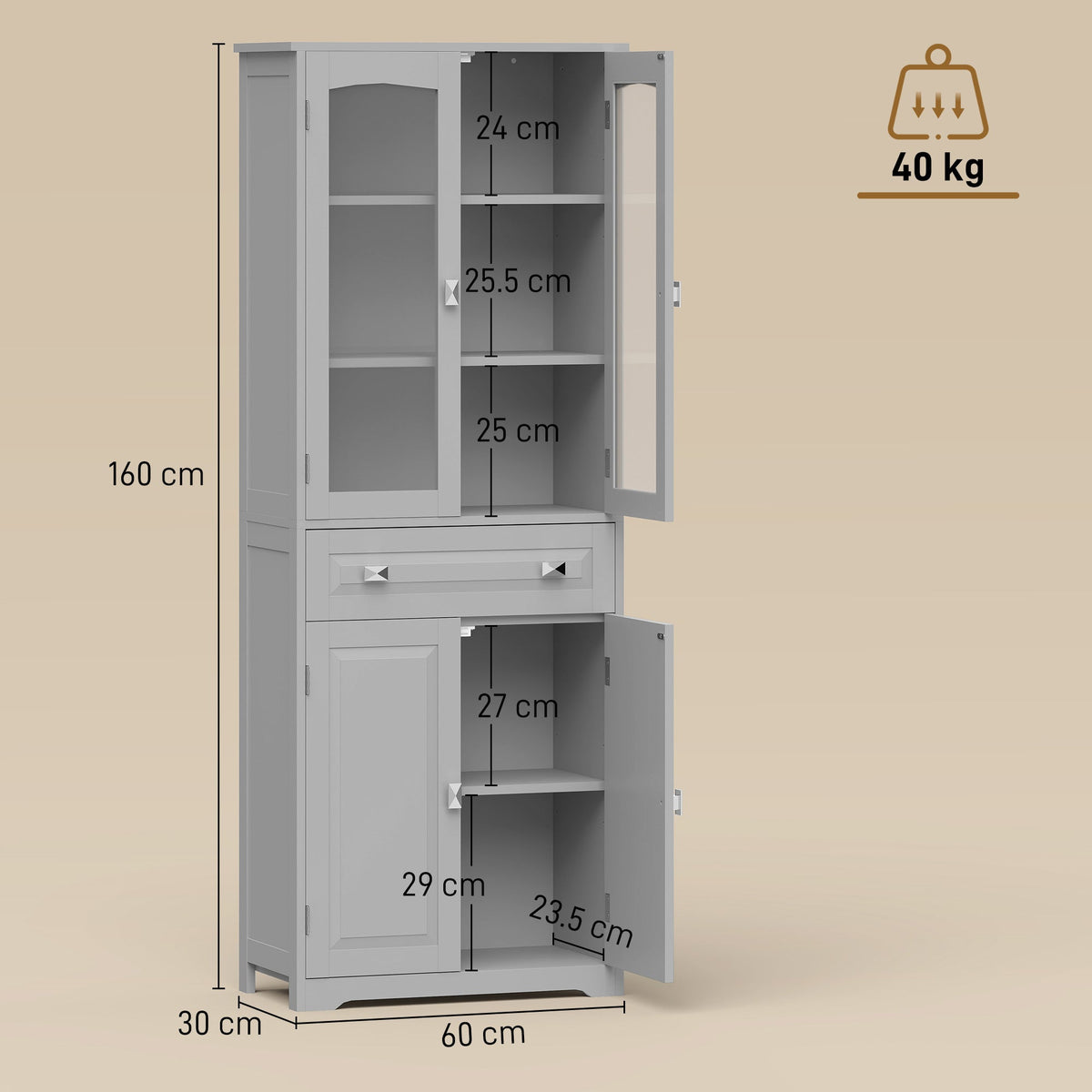 HOMCOM Freestanding Kitchen Cupboard, Storage Cabinet with 2 Adjustable Shelves, Drawer and Glass Door for Living Room, Grey