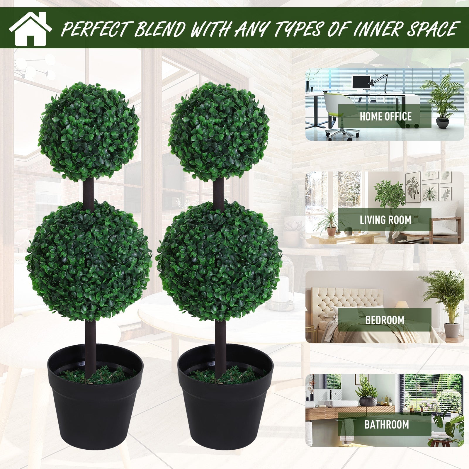 Outsunny Set of 2 Artificial Boxwood Ball Topiary Trees Potted Decorative Plant Indoor D√É¬©cor (67cm)