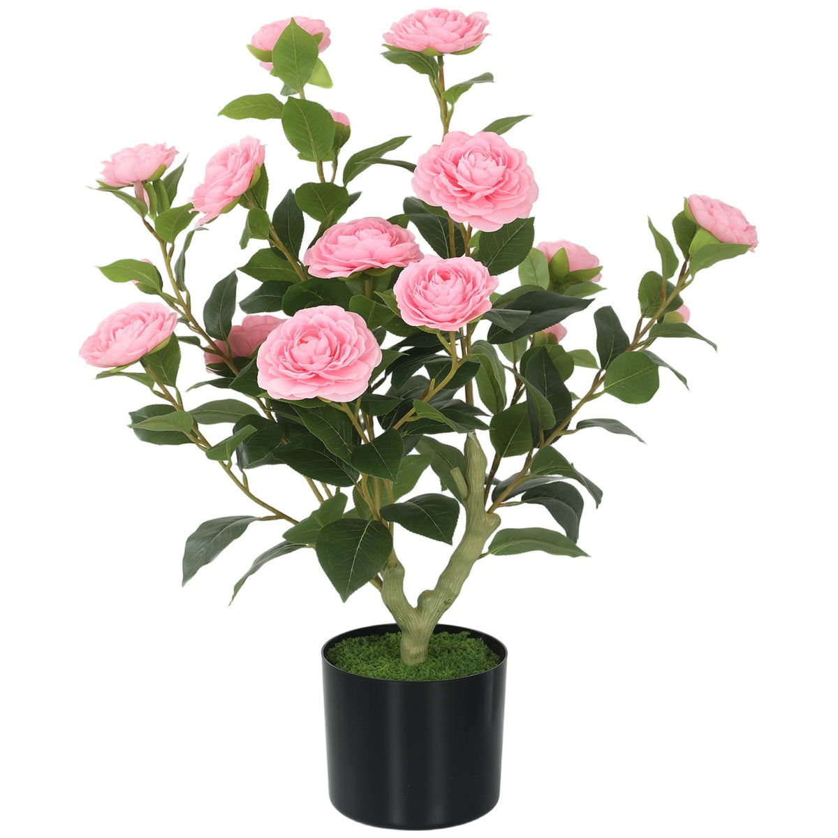 HOMCOM 65cm Artificial Camellia Flower Plant in Pot with 116 Lush Leaves & Moss Effect, Pink