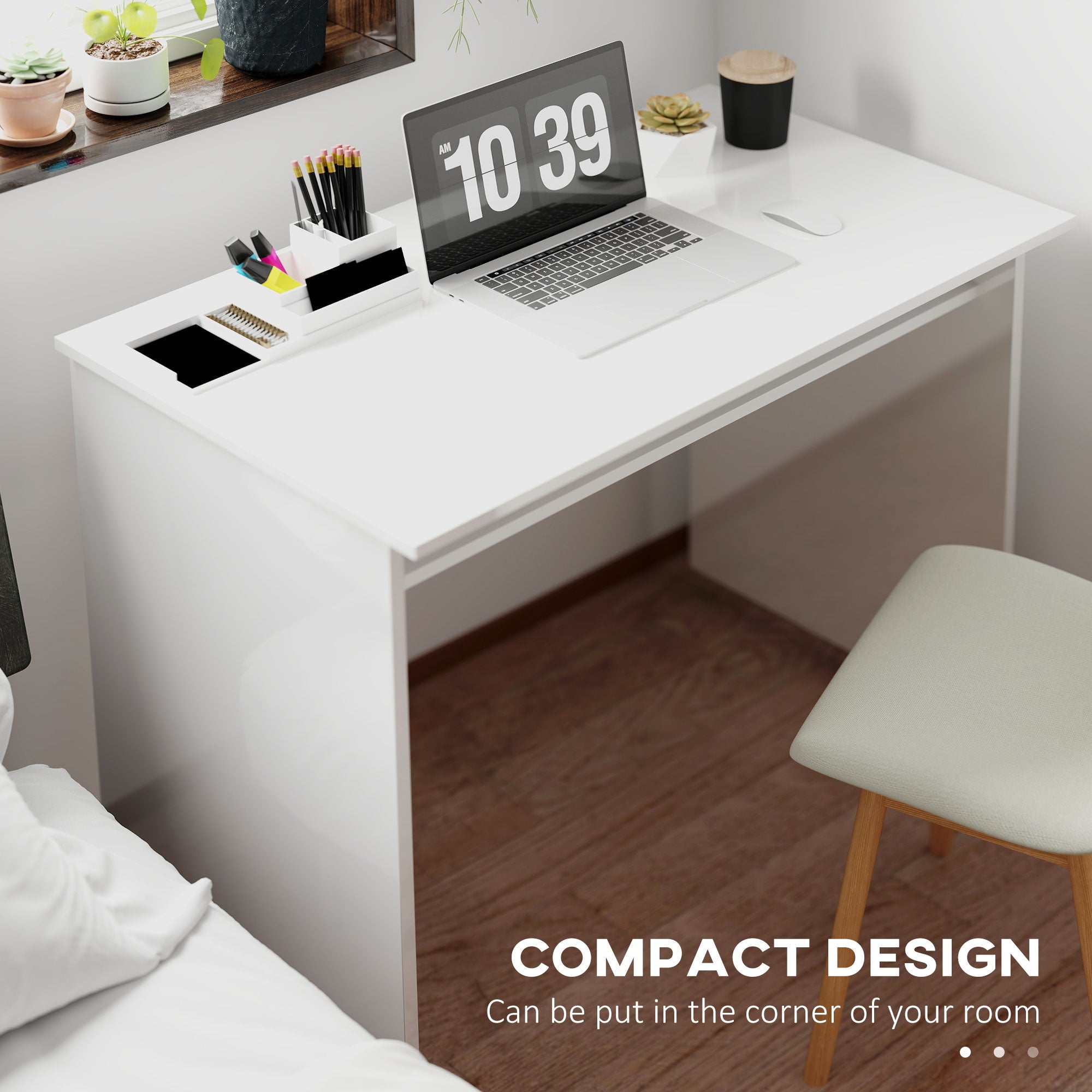 HOMCOM 90 x 50cm Computer Table, Modern Home Office Desk, Small Writing Desk with Storage Shelf, High Gloss White