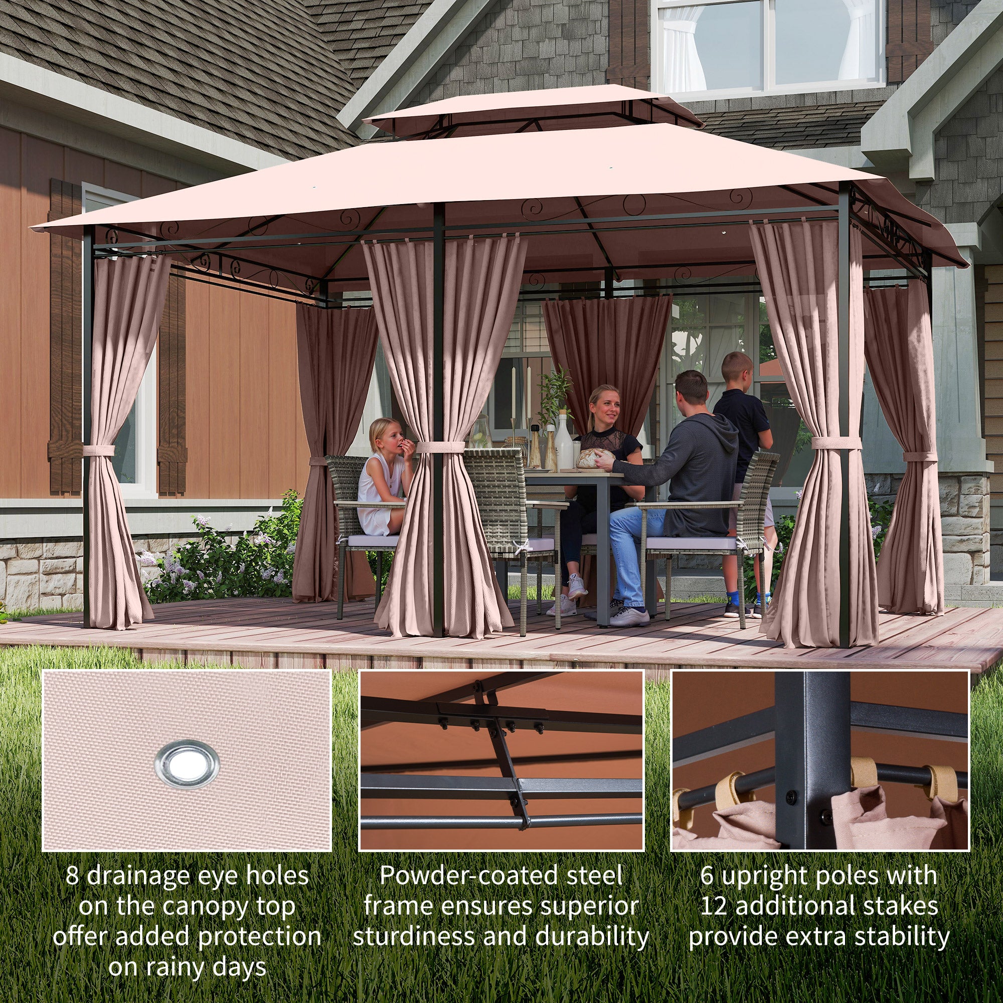 Outsunny 4m x 3(m)Garden Gazebo, Double Roof Outdoor Gazebo Canopy Shelter with Curtains, Solid Steel Frame for Patio, Garden, Brown
