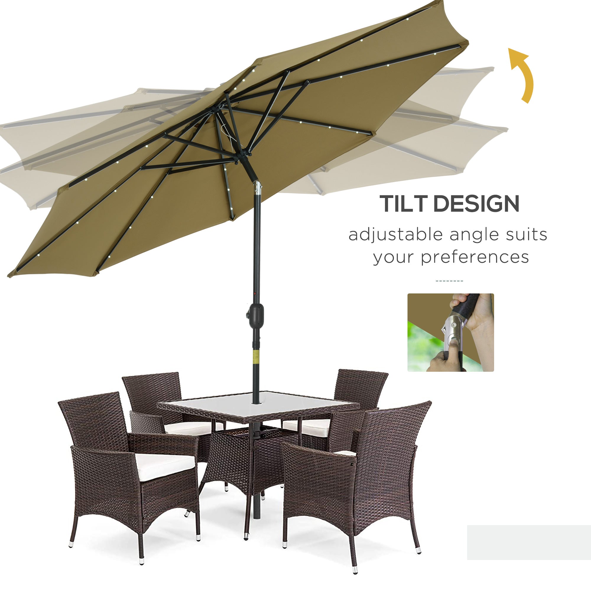 Outsunny 2.7m Patio Garden Umbrella Outdoor Parasol with Tilt Crank and 24 LEDs Lights (Brown)