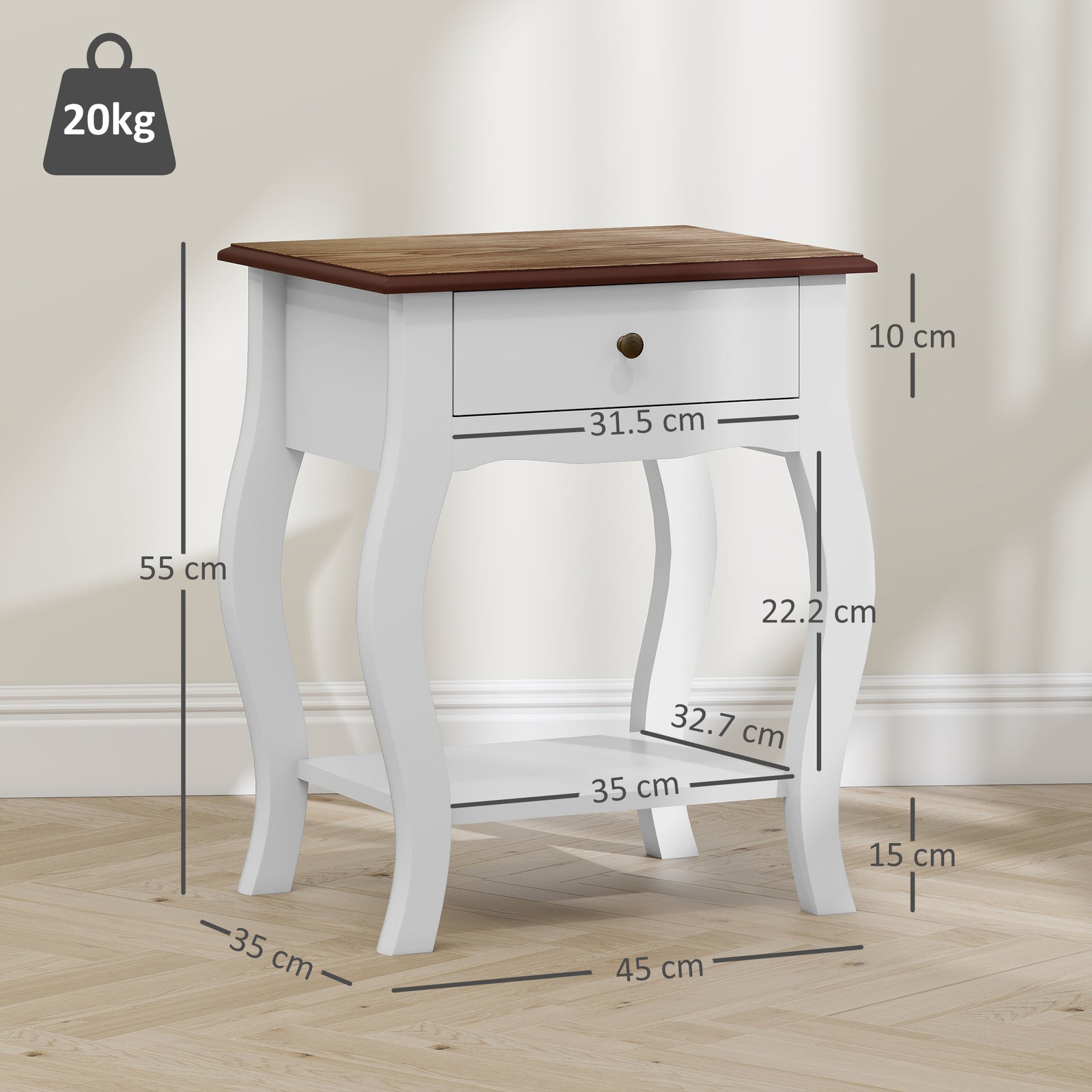HOMCOM 2pcs Bedside Tables with Drawer, French Style Bedside Cabinets with Open Shelf for Bedroom, Living Room, White