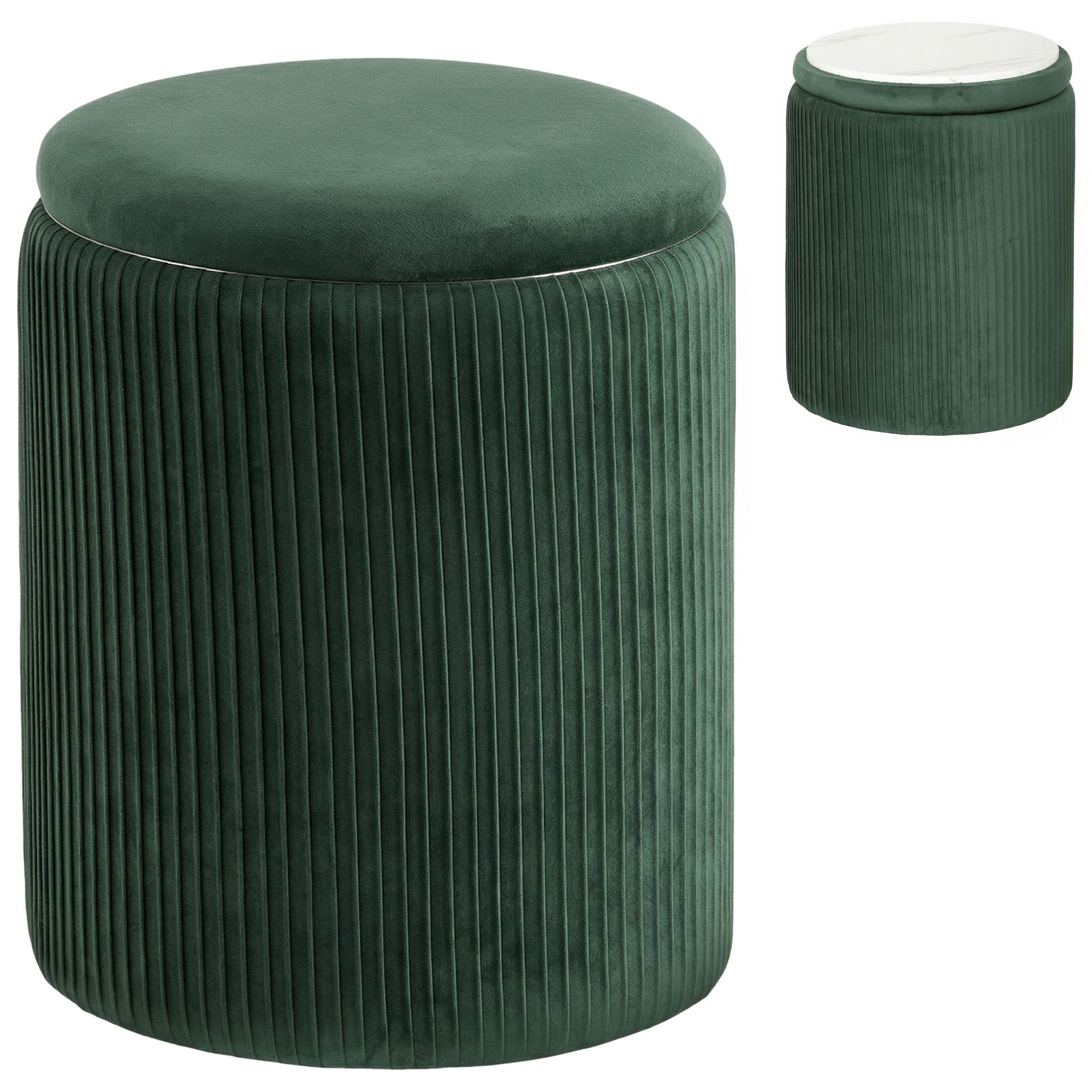 HOMCOM Storage Ottoman Modern Velvet Round Foot Stool for Living Room Bedroom 45 cm Dark Green