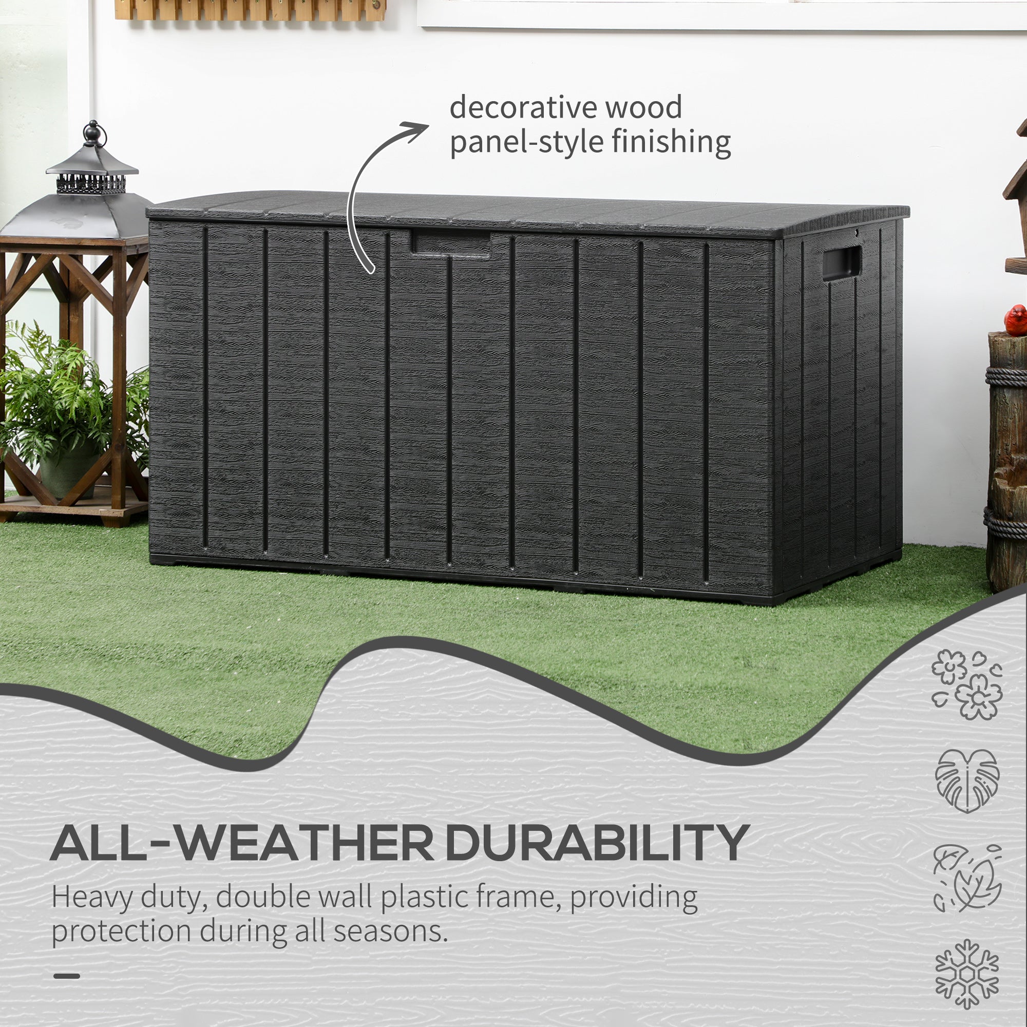 Outsunny 336 Litre Garden Storage Box, Water-resistant Heavy Duty Double Wall Plastic Container, Extra Large Outdoor Garden Furniture Organizer, Deck Cushion Chest with Wheels and Handles, Black