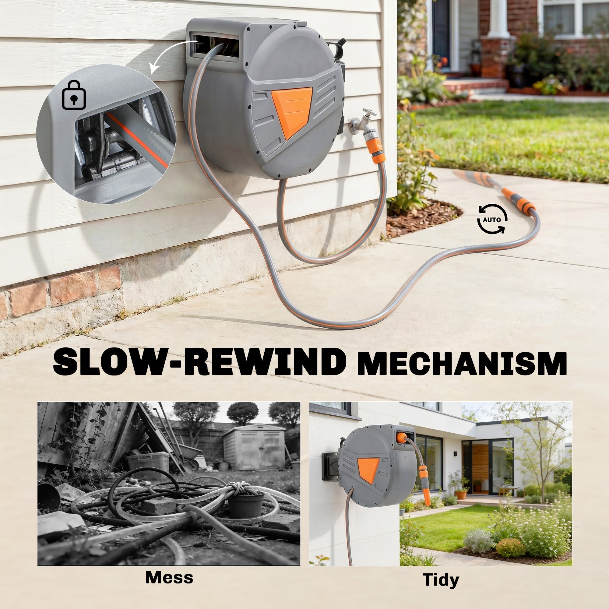 Outsunny Retractable Hose Reel Wall Mounted, 30+2m Garden Hose Pipe Reel with Auto Retraction, Self-Locking, Orange