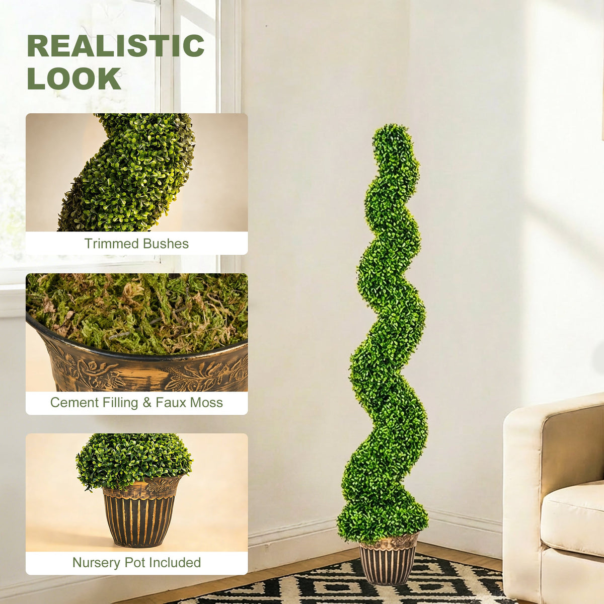 HOMCOM Set of 2 Artificial Plants, Topiary Spiral Boxwood Trees with Pot, for Home Indoor Outdoor Decor, 150cm