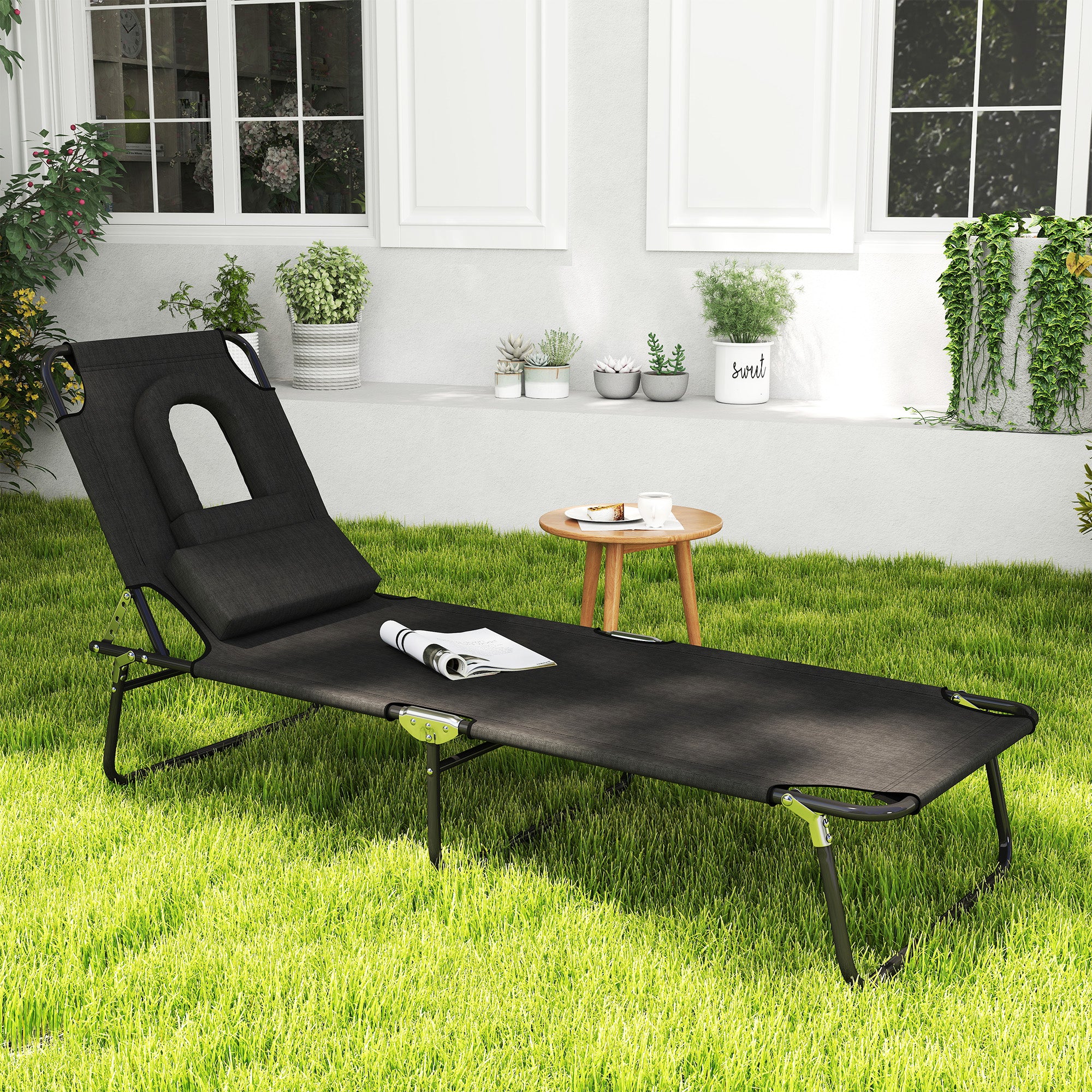 Outsunny Outdoor Folding Sun Lounger with Face Hole, 4 Level Adjustable Backrest Reclining Garden Lounger, Garden Recliner Sunbed with 600 D Oxford Cloth Seat and Pillow for Beach, Black